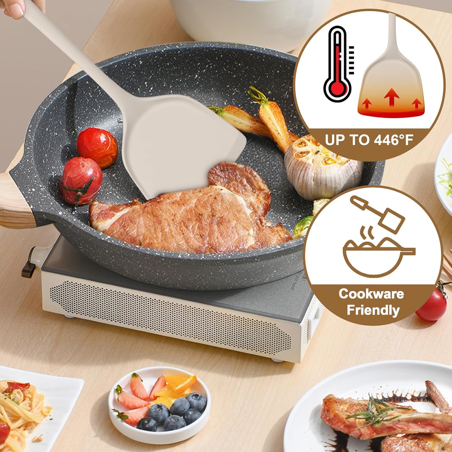 TeamFar Silicone Cooking Utensils, Kitchen Utensils Set of 5, Nonstick Cookware Tools Turners Spoons Pasta Server for Home, Healthy & Heat-Resistant, Seamless & Non-Scratch, Dishwasher Safe, Khaki - Image 4