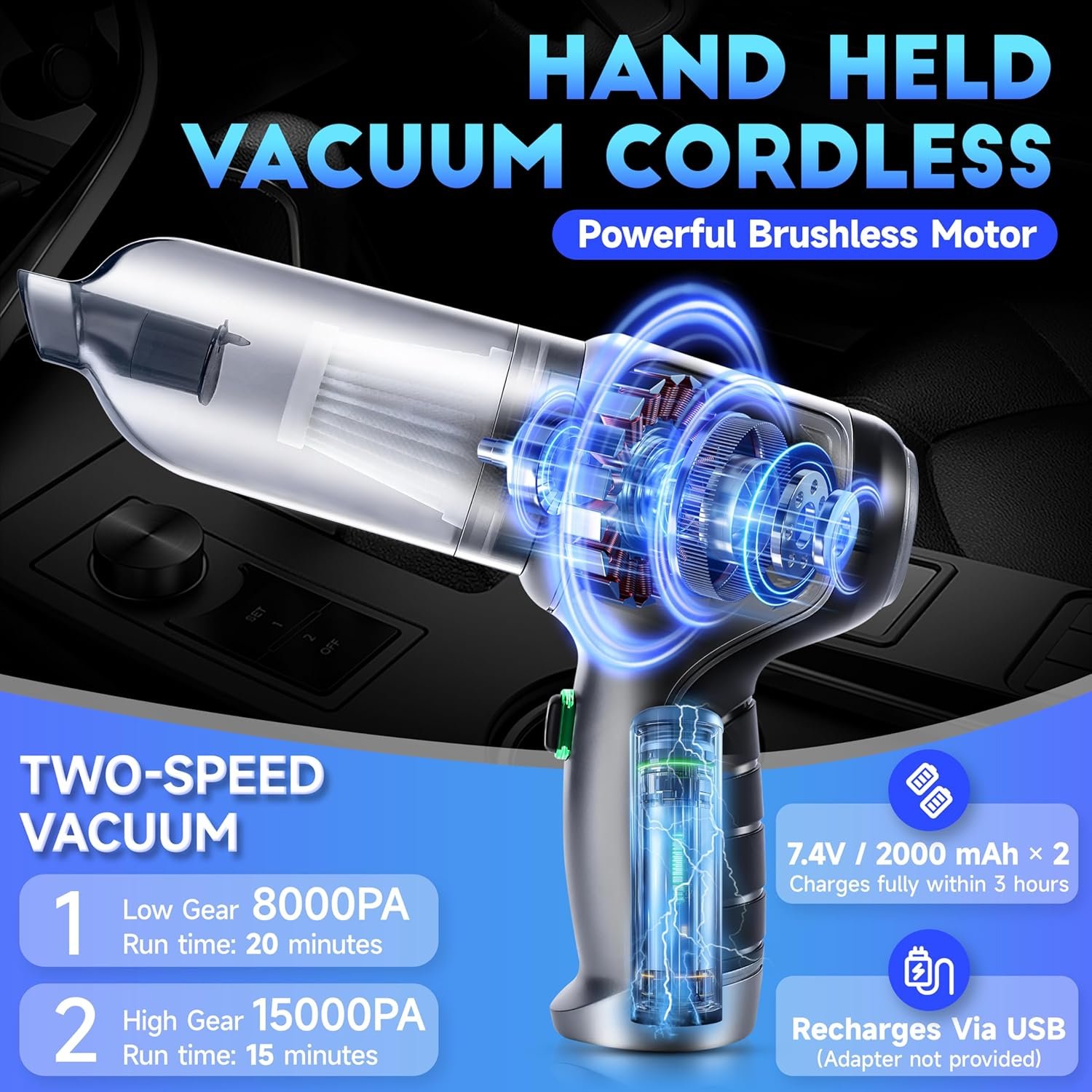 Car Vacuum Portable Cordless, Handheld Vacuum Cordless of 4 in 1, Brushless Mini Vacuum Cleaner for Truck, Home, Pet Hair - Image 3
