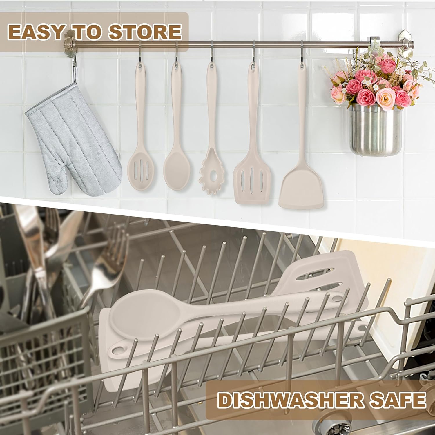 TeamFar Silicone Cooking Utensils, Kitchen Utensils Set of 5, Nonstick Cookware Tools Turners Spoons Pasta Server for Home, Healthy & Heat-Resistant, Seamless & Non-Scratch, Dishwasher Safe, Khaki - Image 8