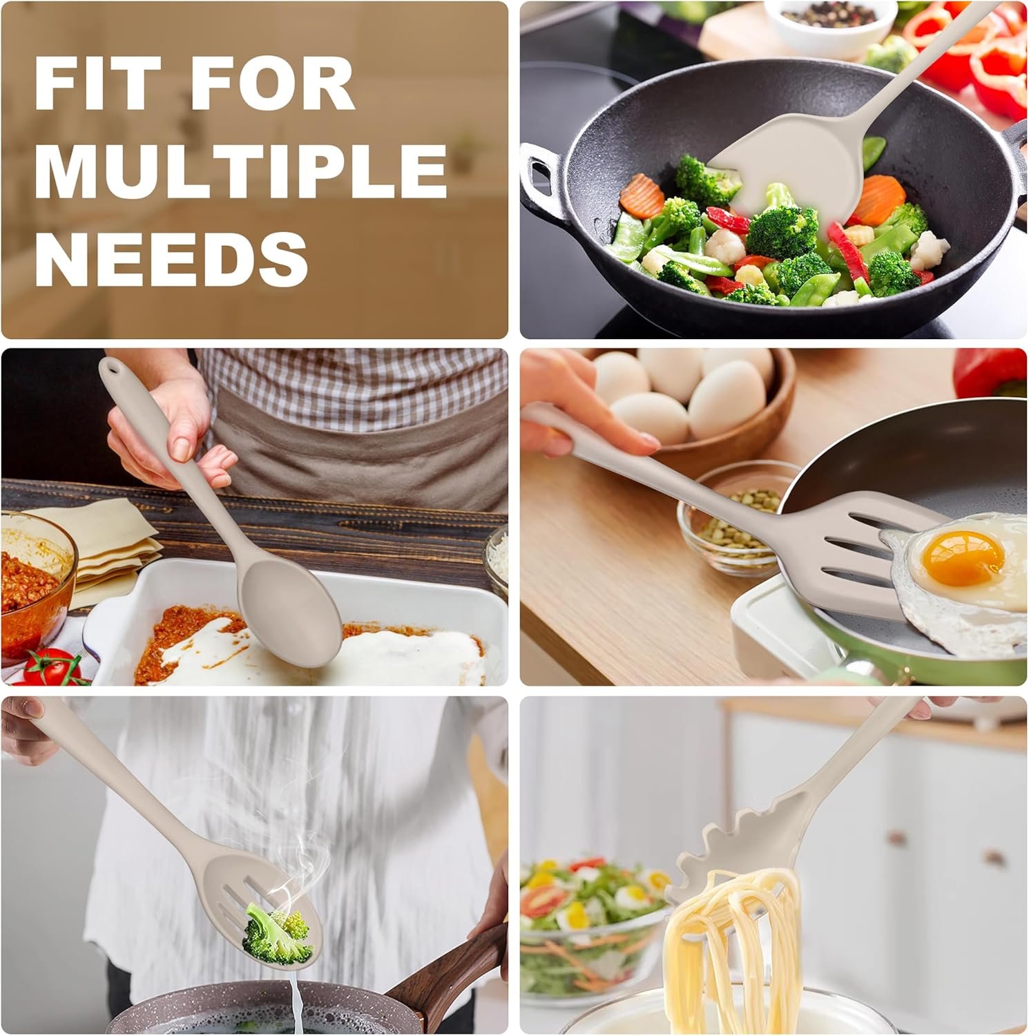 TeamFar Silicone Cooking Utensils, Kitchen Utensils Set of 5, Nonstick Cookware Tools Turners Spoons Pasta Server for Home, Healthy & Heat-Resistant, Seamless & Non-Scratch, Dishwasher Safe, Khaki - Image 7