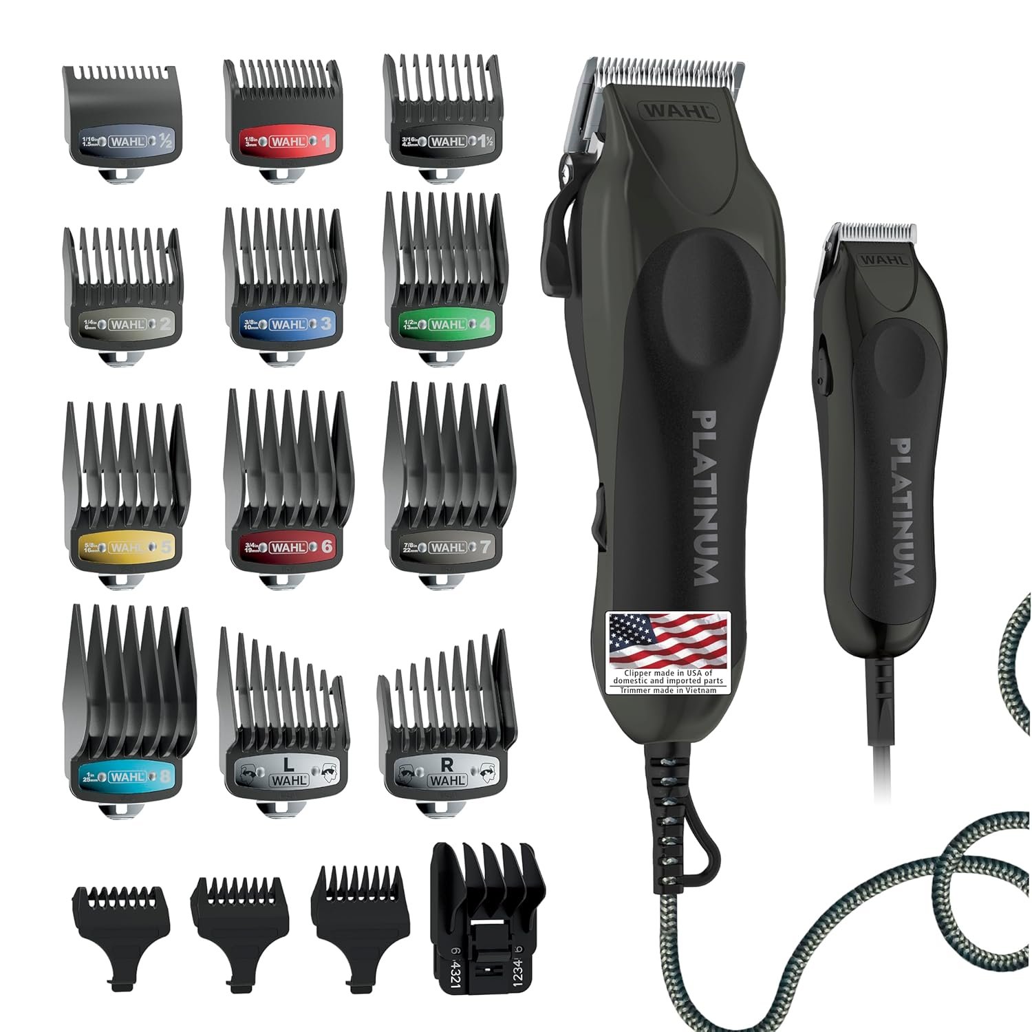 Wahl USA Pro Series Platinum Corded Clipper & Corded Trimmer for Home Haircutting with Color Coded Guide Combs – Model 79804-100 - Image 2