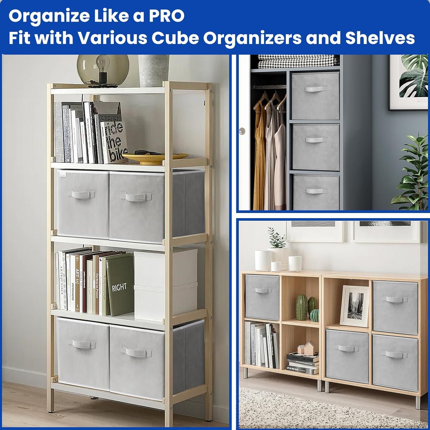 Criusia Storage Cubes, 11 Inch Cube Storage Bins for Shelves (10 Pack), Fabric Collapsible Storage Bins with Dual Handles, Foldable Cube Baskets for Clothes, Closet Organizers and Storage Box (Grey) - Image 3