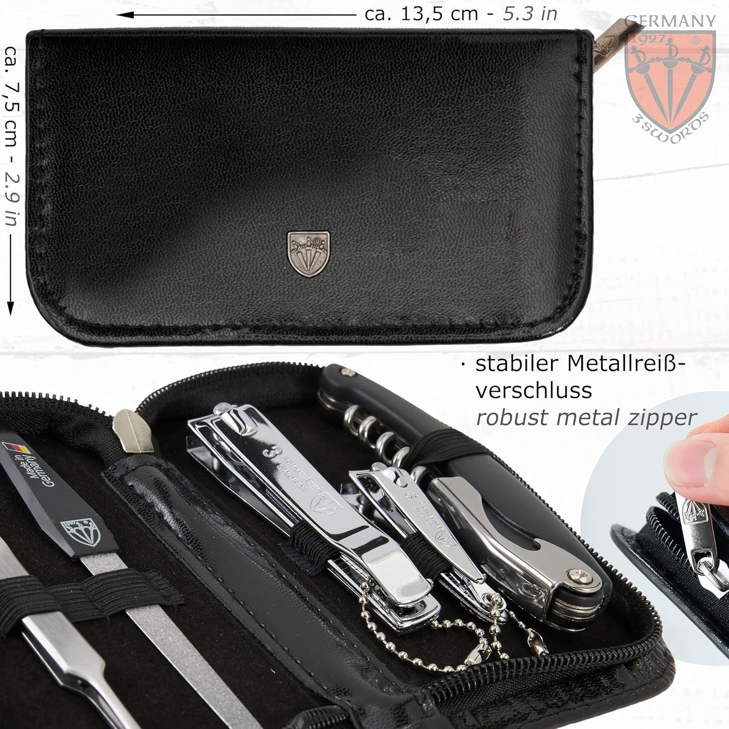 3 Swords Germany - brand quality 5 piece manicure pedicure grooming kit set for professional finger & toe nail care scissors clipper fashion leather case in gift box, Made by 3 Swords (00804) - Image 6
