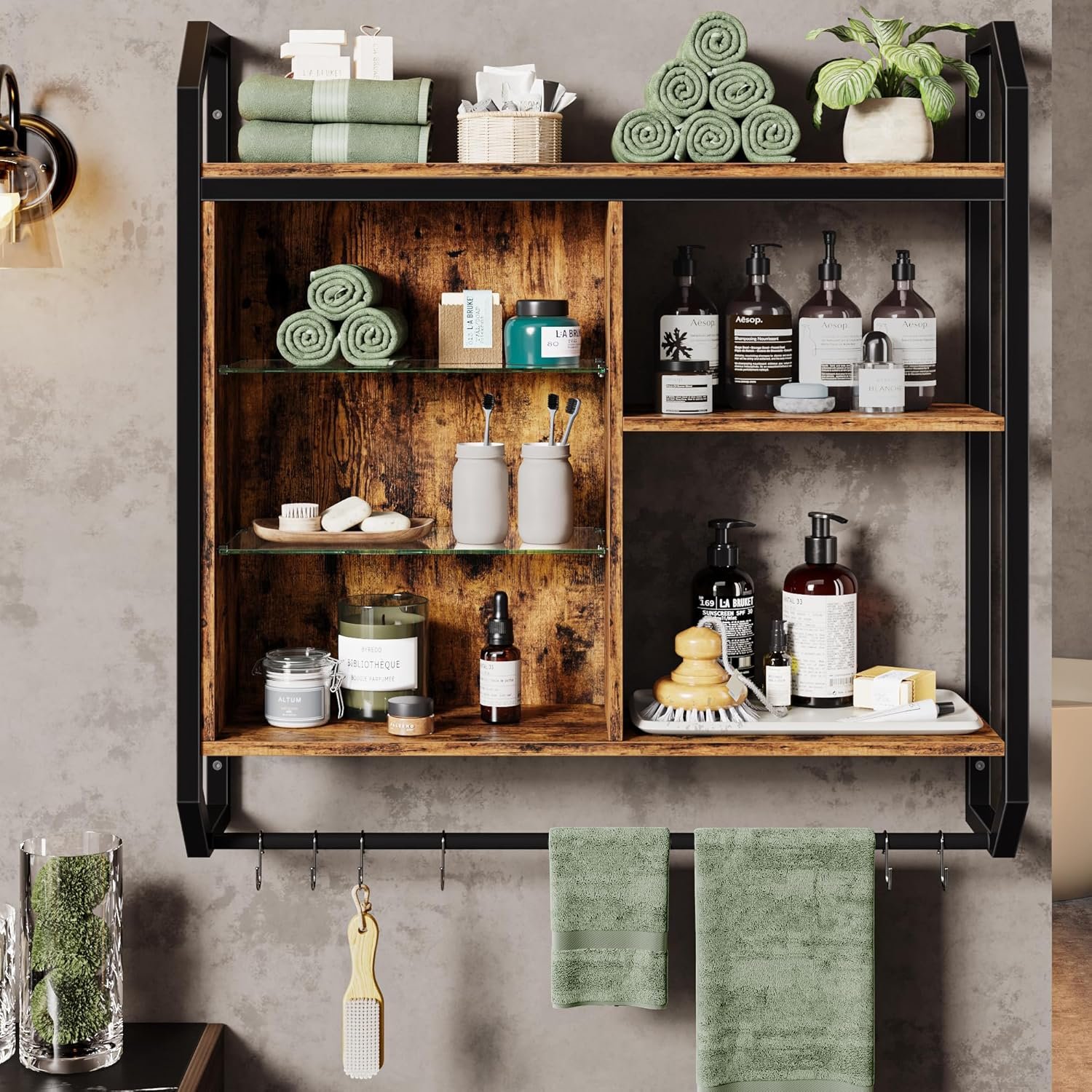 Bestier LED Kitchen Floating Shelves, 34" Industrial Pipe Shelves with Adjustable Glass Shelves, Wall Mounted Shelf with 6 S-Hook Towel Bar, Wine Coffee Bar Rack for Room Decor Rustic Brown - Image 8