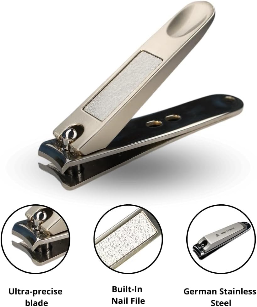 Manicure Pedicure Set 7-in-1 Stainless Steel, Ultra Sharp, Slanted Nail Clipper, Fingernail Clipper, Cuticle Nipper, Glass Nail File, Eyebrow Tweezers, Scissors, Case – Gift (Matte Grey) - Image 5