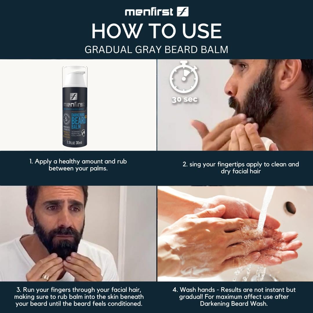 MENFIRST - Gray Darkening Beard Balm - Leave-in Conditioner - Works on Sensitive Skin - Gradually Reduces White or Gray hair Infused with Keratine, Collagen and Vitamin E. - Natural Looking Results - Image 4