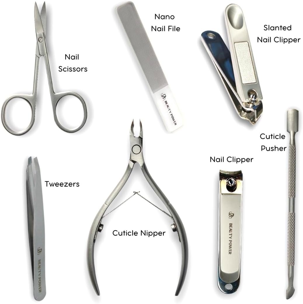 Manicure Pedicure Set 7-in-1 Stainless Steel, Ultra Sharp, Slanted Nail Clipper, Fingernail Clipper, Cuticle Nipper, Glass Nail File, Eyebrow Tweezers, Scissors, Case – Gift (Matte Grey) - Image 4
