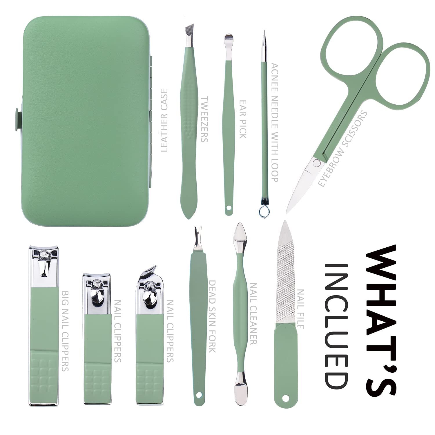 Manicure Set 10 in 1 Stainless Steel, Nail Clippers Scissors Pedicure Tools Kit - Portable Travel Grooming Kit for Men and Women with Leather Case (Jade Green) - Image 3