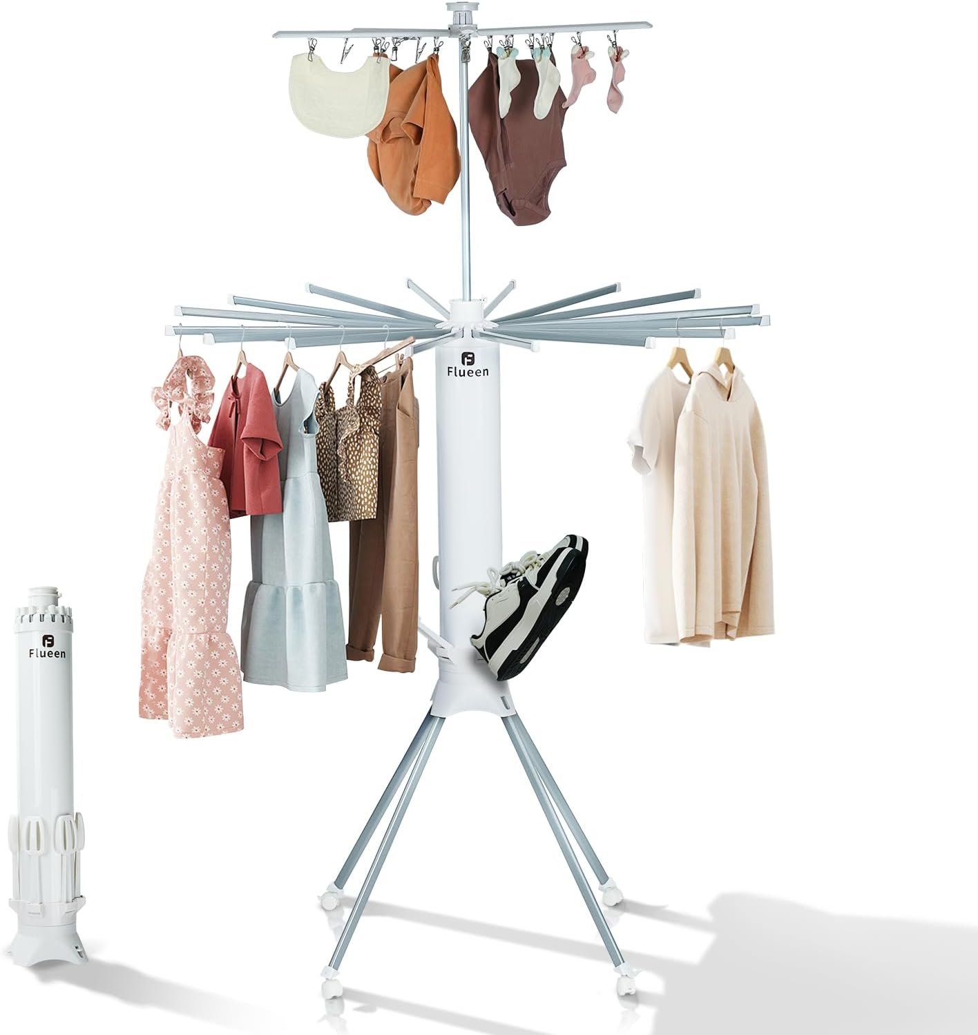 4-Legged Clothes Drying Rack, 2025 Upgrade 3-Layer Foldable Portable Standing Drying Rack with 6 Shoe Racks, 16 Drying Rods and 20 Clips,Use for Drying Clothes and Shoes Indoors and Outdoors - Image 9