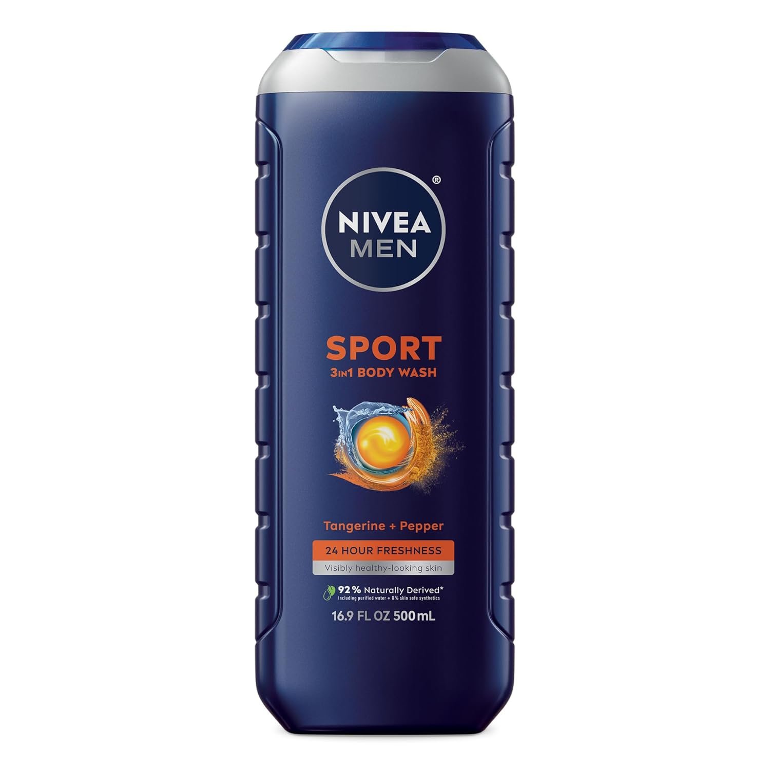 NIVEA MEN Sport Body Wash with Revitalizing Minerals, Tangerine and Pepper Scent, 3-in-1 Men's Body Wash, Face and Hair, Paraben Free, Vegan Formula, 16.9 Fl Oz Bottle - Image 2
