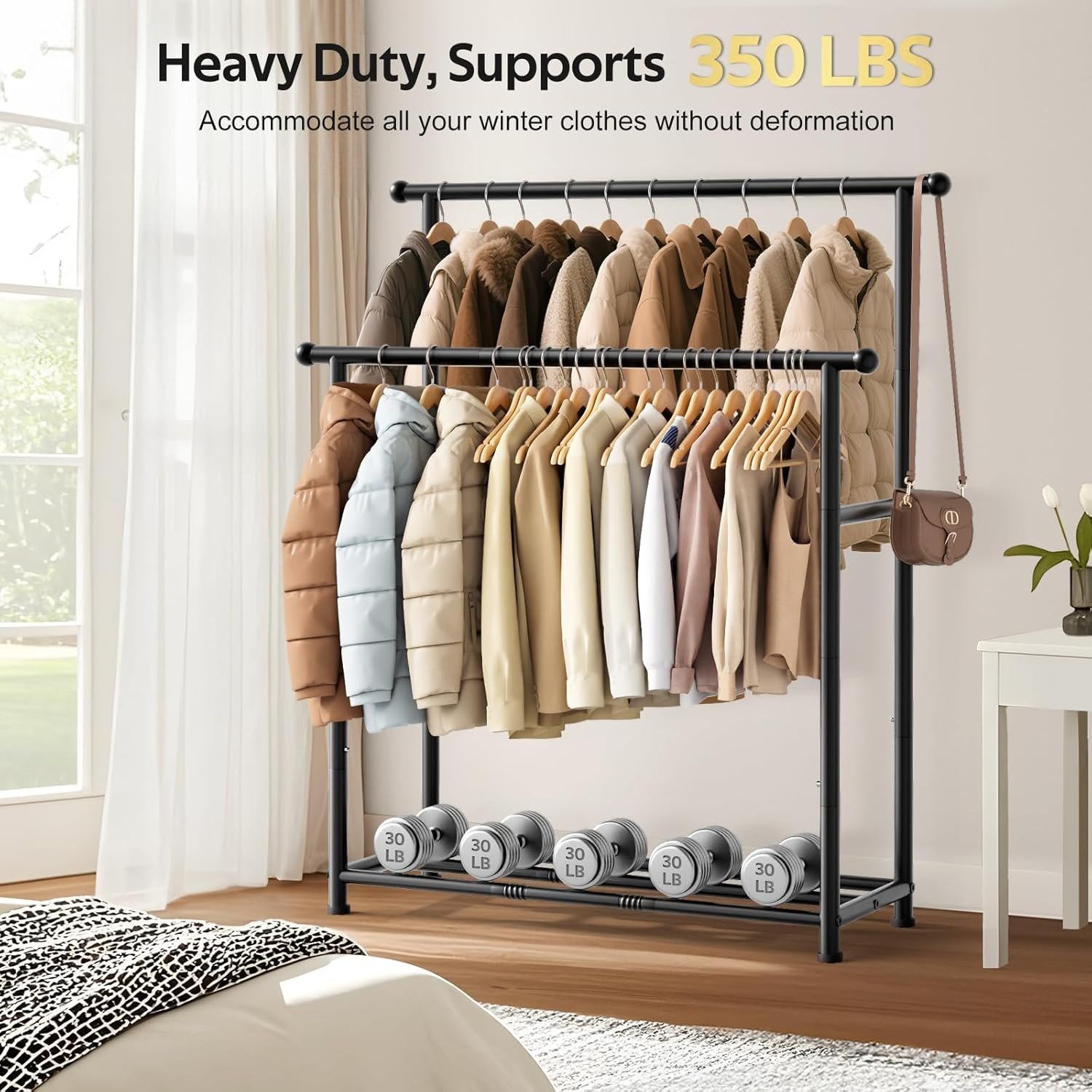 MISSLO Double Rods Garment Rack Heavy Duty Clothing Rack for Hanging Clothes Portable Clothes Organizer for Bedroom, Living Room, Clothing Store (Matte Black) - Image 4
