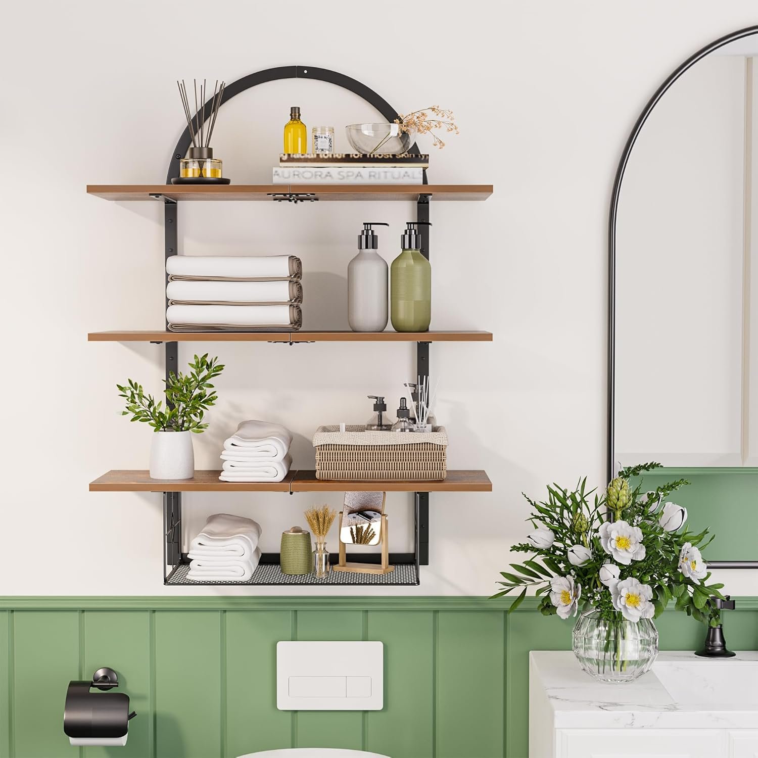 Floating Shelf for Wall- 24" 3+1 Tier Bathroom Floating Shelves with Basket for Bathroom, Living Room,Bedroom and Kitchen Rustic Brown - Image 5