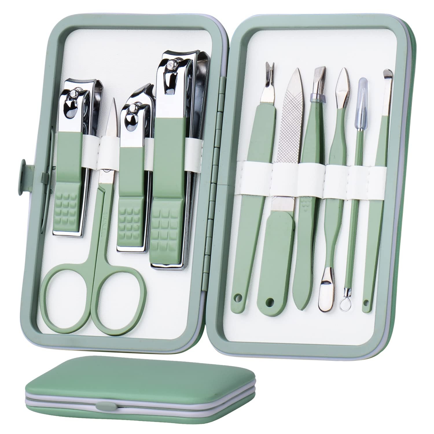 Manicure Set 10 in 1 Stainless Steel, Nail Clippers Scissors Pedicure Tools Kit - Portable Travel Grooming Kit for Men and Women with Leather Case (Jade Green) - Image 2