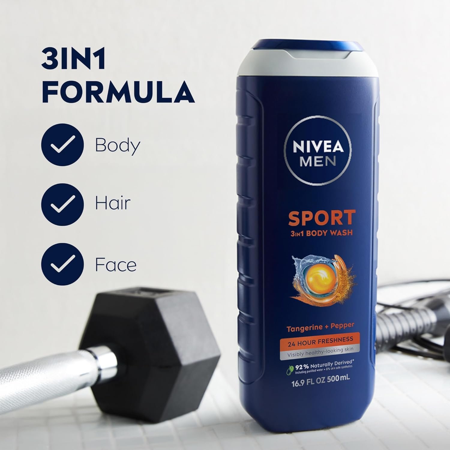 NIVEA MEN Sport Body Wash with Revitalizing Minerals, Tangerine and Pepper Scent, 3-in-1 Men's Body Wash, Face and Hair, Paraben Free, Vegan Formula, 16.9 Fl Oz Bottle - Image 4