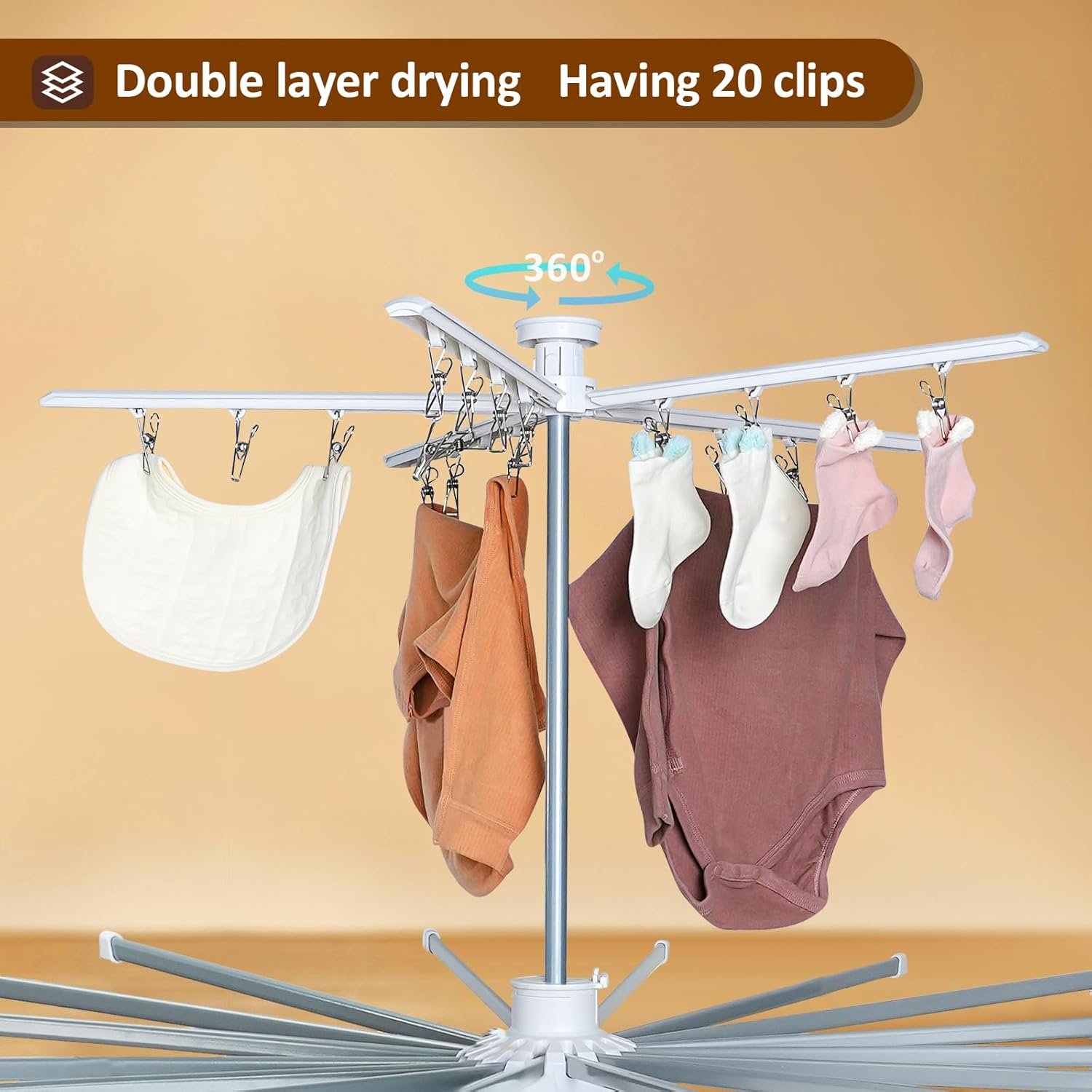 4-Legged Clothes Drying Rack, 2025 Upgrade 3-Layer Foldable Portable Standing Drying Rack with 6 Shoe Racks, 16 Drying Rods and 20 Clips,Use for Drying Clothes and Shoes Indoors and Outdoors - Image 4