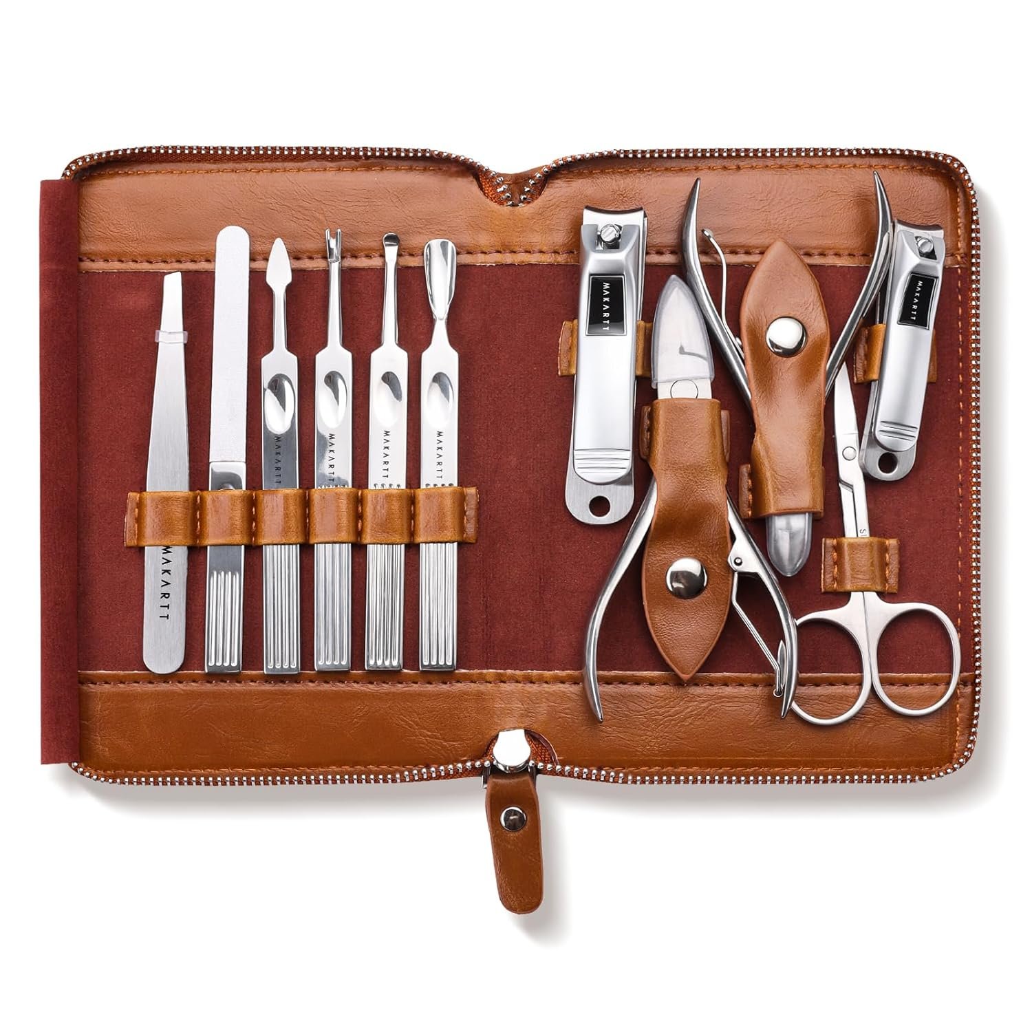 Makartt Manicure Kit: Professional Nail Care Clippers Set - 11 pcs Stainless Steel Tavel Women Men Fingernail Grooming Tool with Portable Brown Leather Case - Image 8