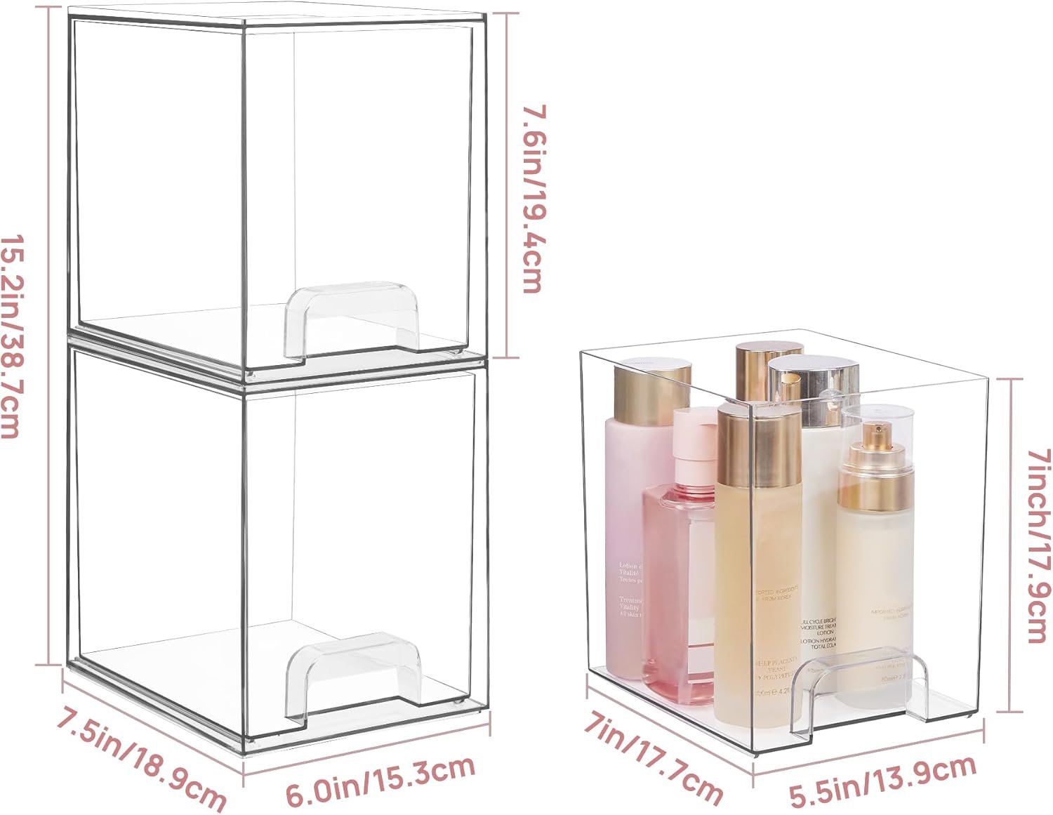 Vtopmart 4 Pack Clear Stackable Storage Drawers,7.6" H Plastic Organizers Bins for Skincare, Bathroom Supplies,Ideal for Cabinet,Undersink,Vanity,Kitchen,Pantry Organization - Image 4