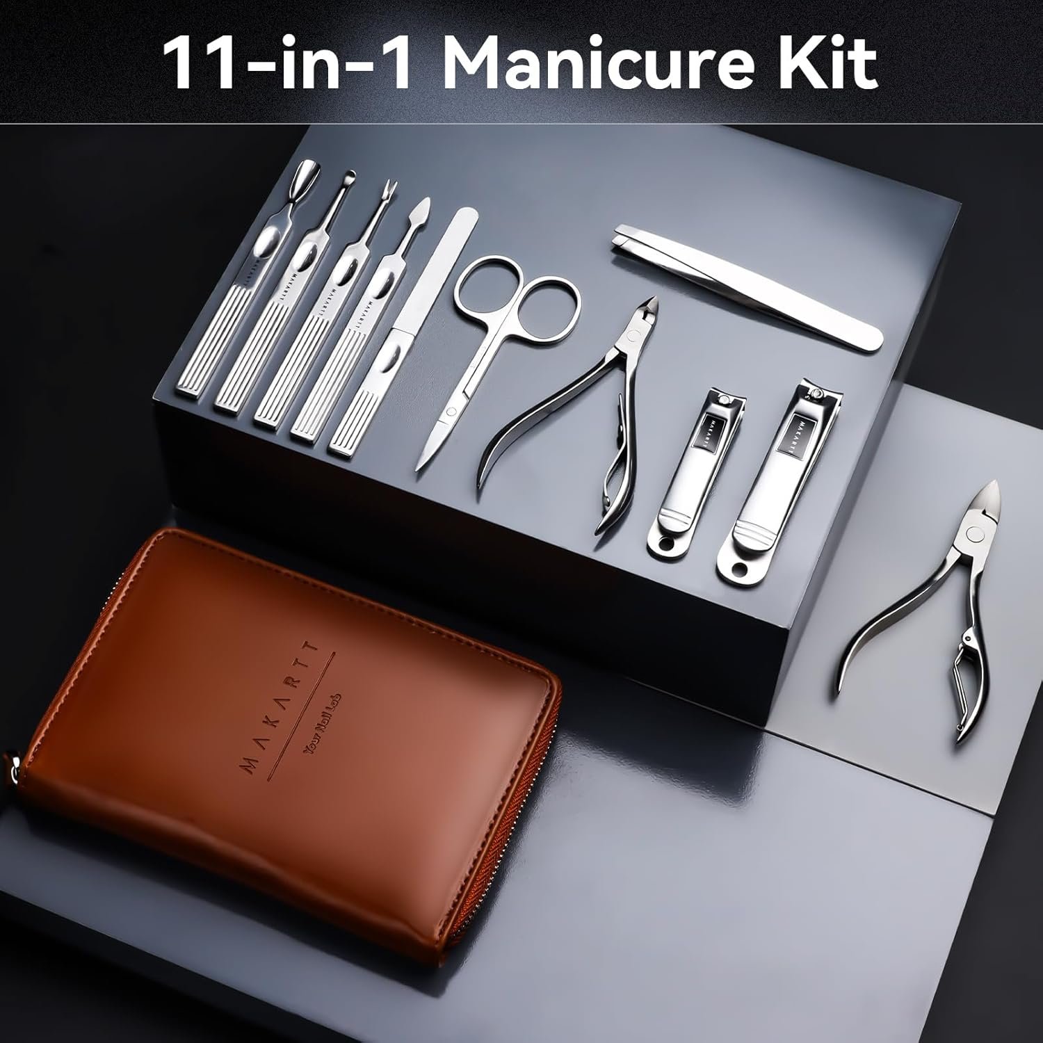 Makartt Manicure Kit: Professional Nail Care Clippers Set - 11 pcs Stainless Steel Tavel Women Men Fingernail Grooming Tool with Portable Brown Leather Case - Image 7