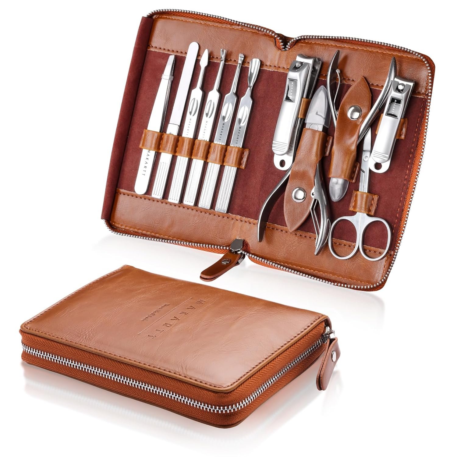 Makartt Manicure Kit: Professional Nail Care Clippers Set - 11 pcs Stainless Steel Tavel Women Men Fingernail Grooming Tool with Portable Brown Leather Case - Image 2