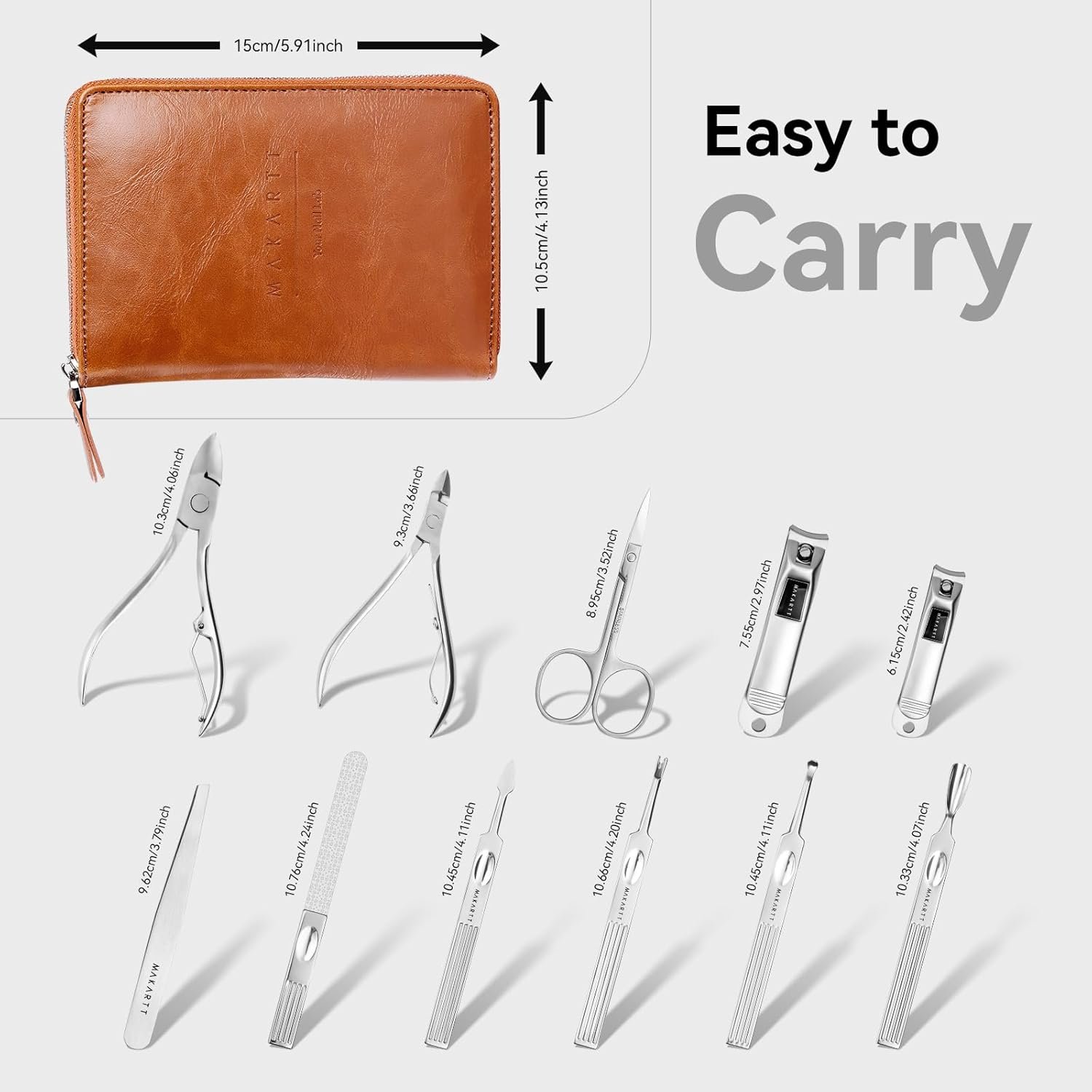 Makartt Manicure Kit: Professional Nail Care Clippers Set - 11 pcs Stainless Steel Tavel Women Men Fingernail Grooming Tool with Portable Brown Leather Case - Image 5