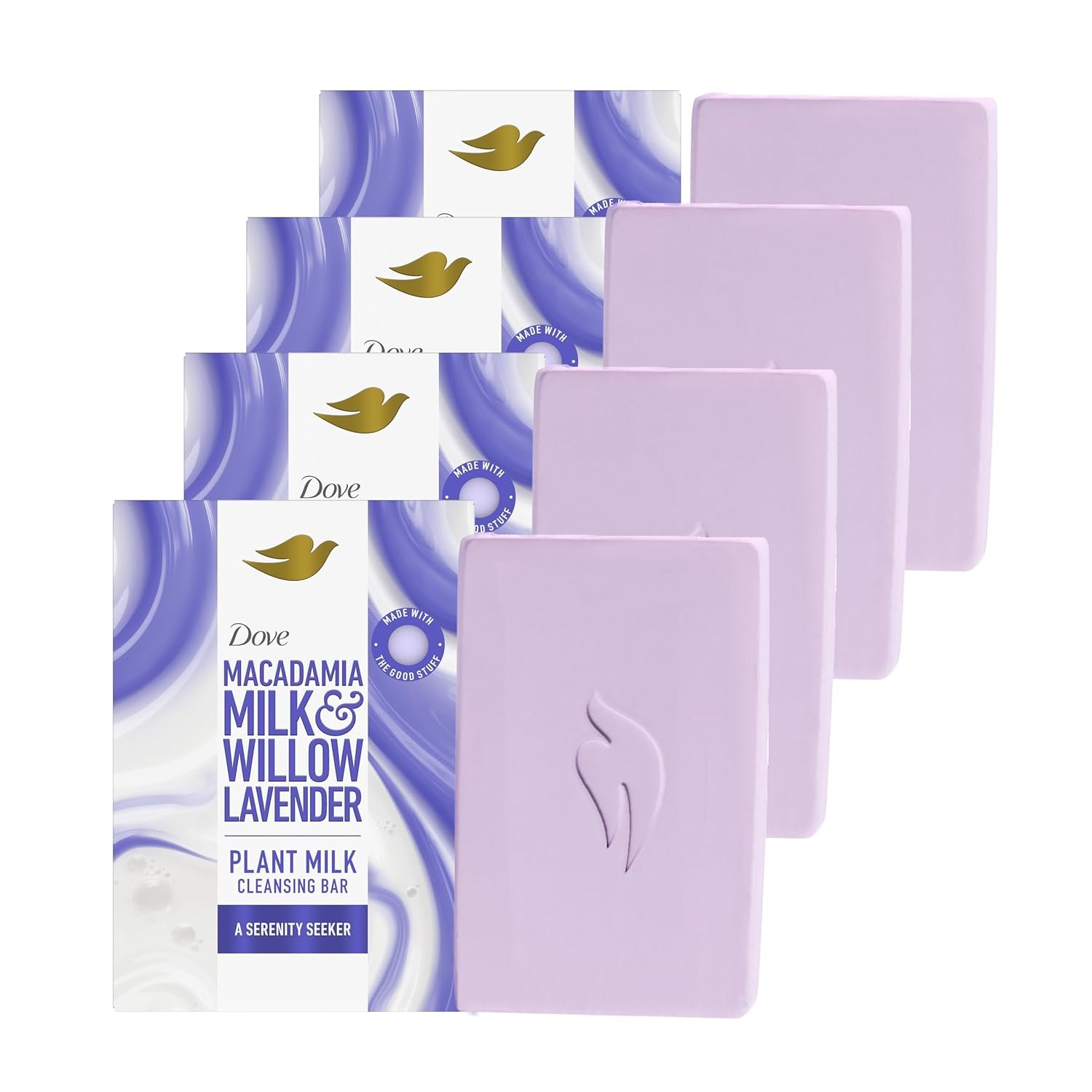 Dove Plant Milk Cleansing Bar Soap Macadamia Milk & Willow Lavender Serenity Seeker 4 Count for Moisturized Skin Gentle Cleanser, No Sulfate Cleansers or Parabens, 98% Biodegradable Formula 5 oz - Image 2