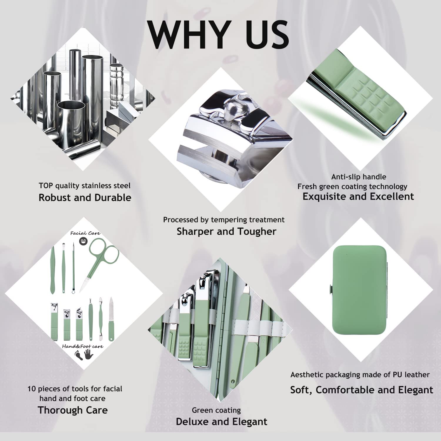 Manicure Set 10 in 1 Stainless Steel, Nail Clippers Scissors Pedicure Tools Kit - Portable Travel Grooming Kit for Men and Women with Leather Case (Jade Green) - Image 4