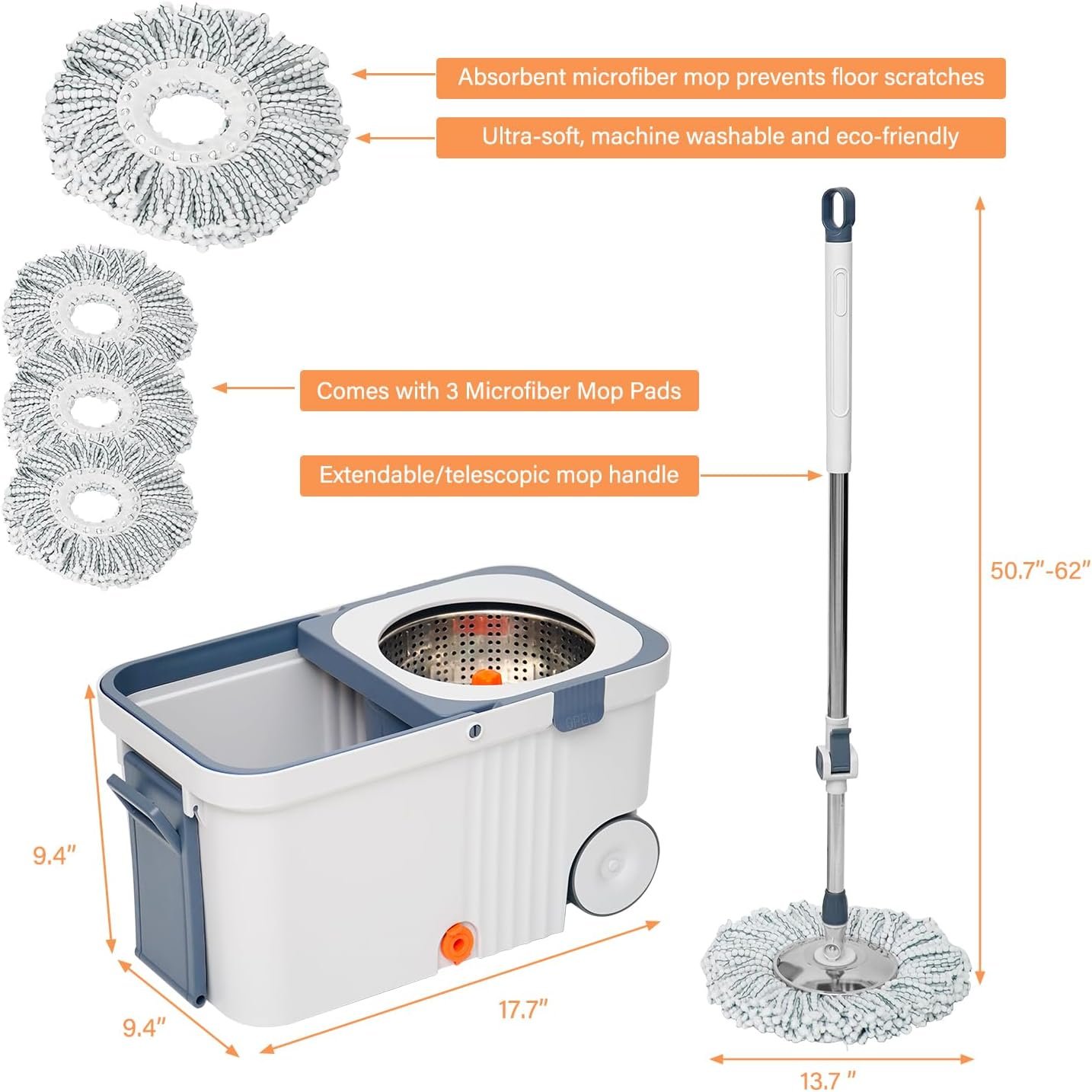 Spin Mop and Bucket Set with Wringer, 360° Rotating Mop with 3 Microfiber Heads and 2 Wheels for Easy Home Floor Cleaning, Ideal for Tile, Hardwood and Laminate Floors - Image 3