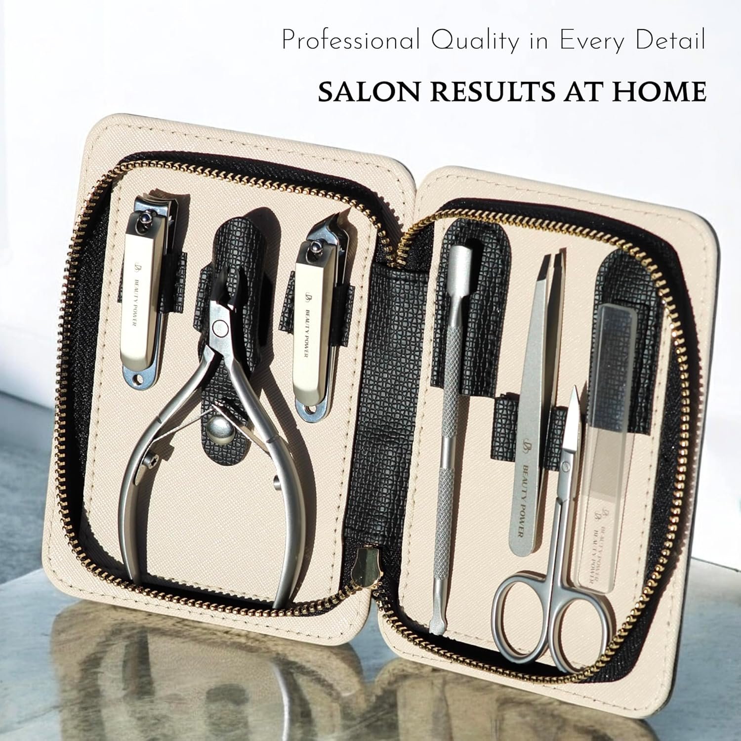 Manicure Pedicure Set 7-in-1 Stainless Steel, Ultra Sharp, Slanted Nail Clipper, Fingernail Clipper, Cuticle Nipper, Glass Nail File, Eyebrow Tweezers, Scissors, Case – Gift (Matte Grey) - Image 9