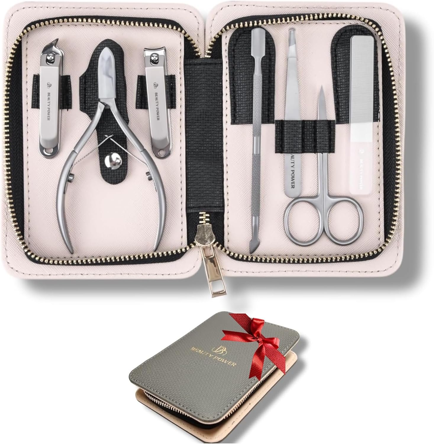 Manicure Pedicure Set 7-in-1 Stainless Steel, Ultra Sharp, Slanted Nail Clipper, Fingernail Clipper, Cuticle Nipper, Glass Nail File, Eyebrow Tweezers, Scissors, Case – Gift (Matte Grey) - Image 2
