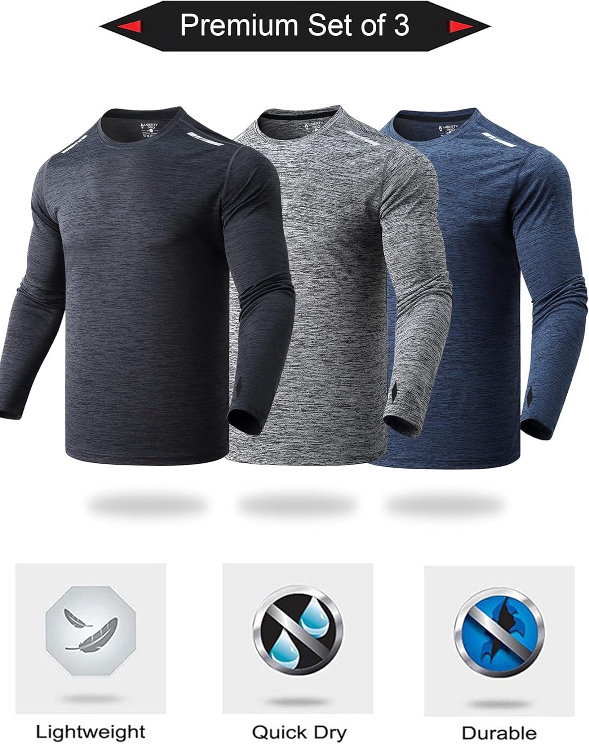 3 Pack: Men's Long Sleeve T Shirts, Dry Fit UV Sun Protection Hiking Athletic Active Tops with Thumb Holes - Image 8