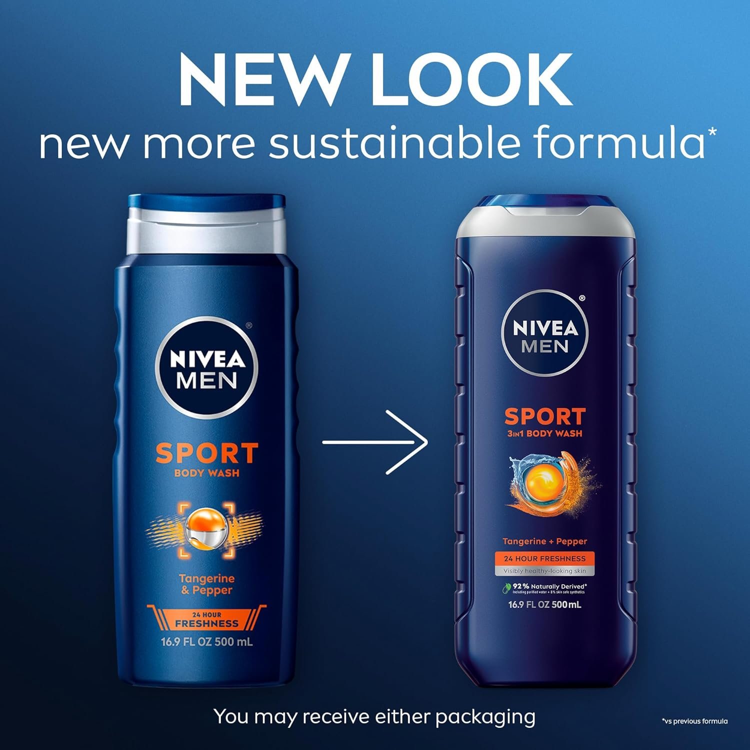 NIVEA MEN Sport Body Wash with Revitalizing Minerals, Tangerine and Pepper Scent, 3-in-1 Men's Body Wash, Face and Hair, Paraben Free, Vegan Formula, 16.9 Fl Oz Bottle - Image 3