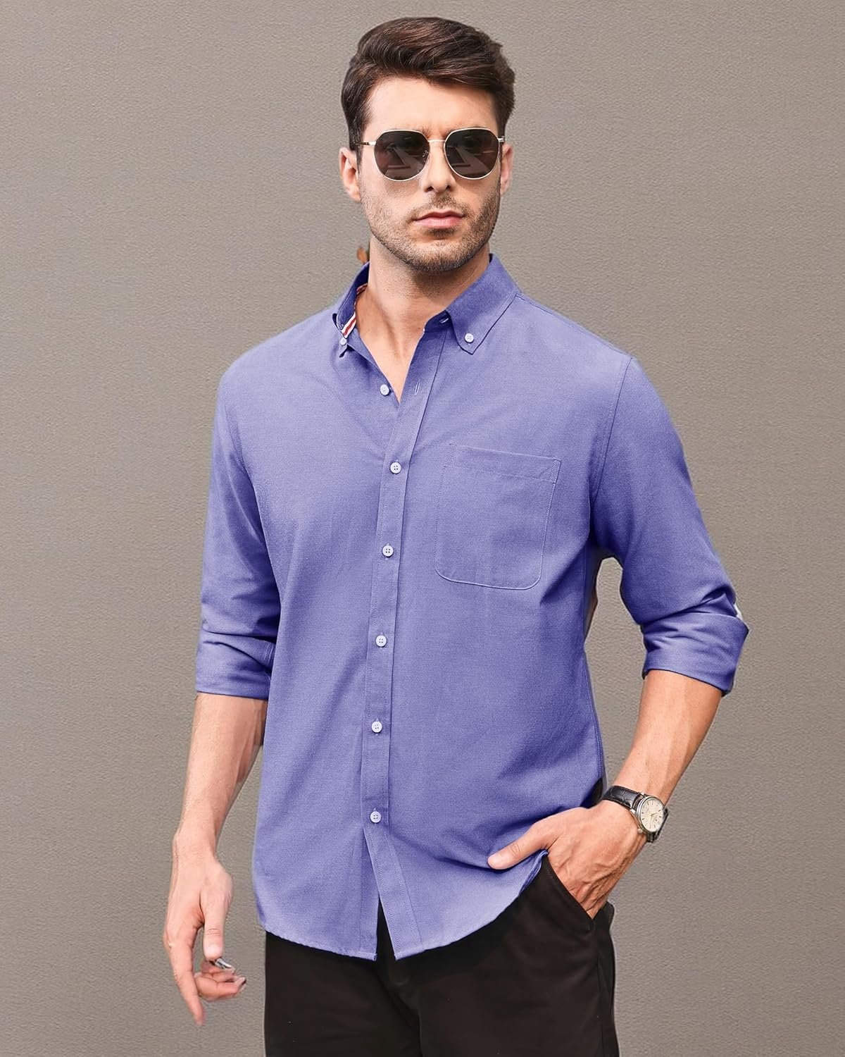 Alimens & Gentle Mens Solid Oxford Shirt Long Sleeve Dress Shirt Work Casual Button Down Shirts with Pocket - Image 9