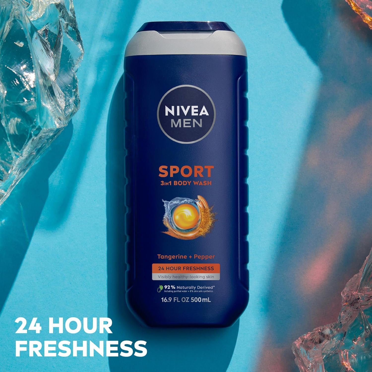 NIVEA MEN Sport Body Wash with Revitalizing Minerals, Tangerine and Pepper Scent, 3-in-1 Men's Body Wash, Face and Hair, Paraben Free, Vegan Formula, 16.9 Fl Oz Bottle - Image 5