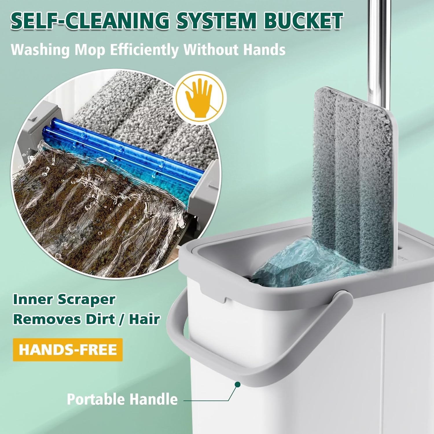 Mop and Bucket with Wringer Set, Hands Free Flat Floor Mop and Bucket, 3 Washable Microfiber Pads Included, Wet and Dry Use, Home Floor Cleaning System for All Floor Types and Windows - Image 3