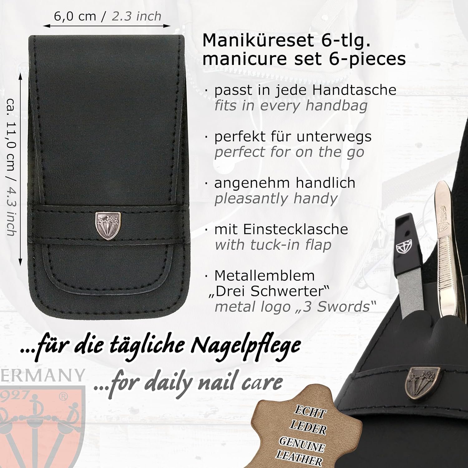 3 Swords Germany - brand quality 6 piece manicure pedicure grooming kit set for professional nail care with genuine leather case - Made in Germany - Image 5