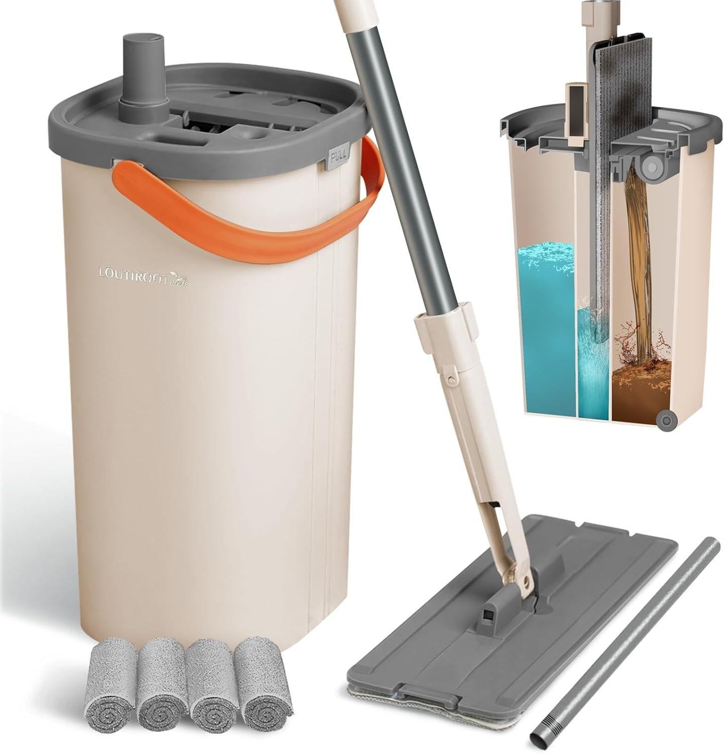 Mop and Bucket with Wringer Set for Home, 3-Chamber Separate Dirty Clean Water Flat Spin Mop and Bucket Set for Wet Dry Floor Wall Mops Hands Free Automatic Clean 60in Handle with 4 Microfiber Pads - Image 2