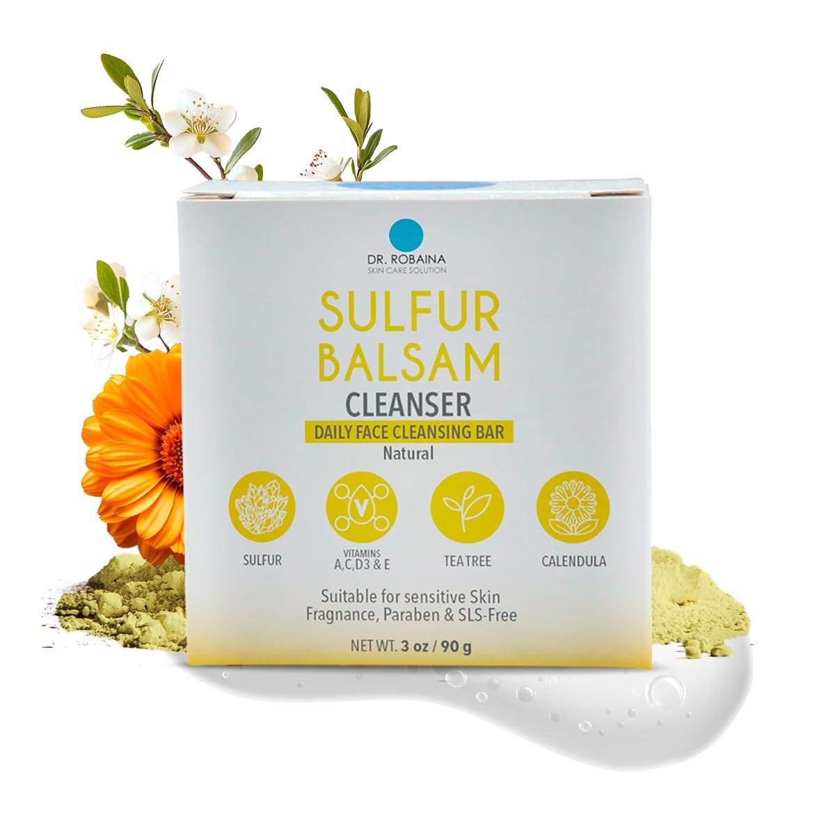 Dr. Robaina Sulfur Balsam Cleansing Bar – Daily Soap for Acne and Eczema Relief – Gentle on Sensitive Skin with Tea Tree and Calendula – Made in the USA (Pack of 1) - Image 2
