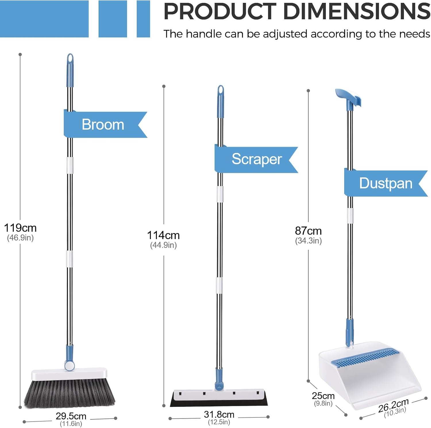 Broom and Dustpan Set,Masthome Long Handle Broom and Dustpan Set,Squeegee Broom and Brooms for Sweeping Indoor Set,Broom with Stand Up Dustpan Combo Set for Home, Office, Lobby (Blue+White) - Image 3