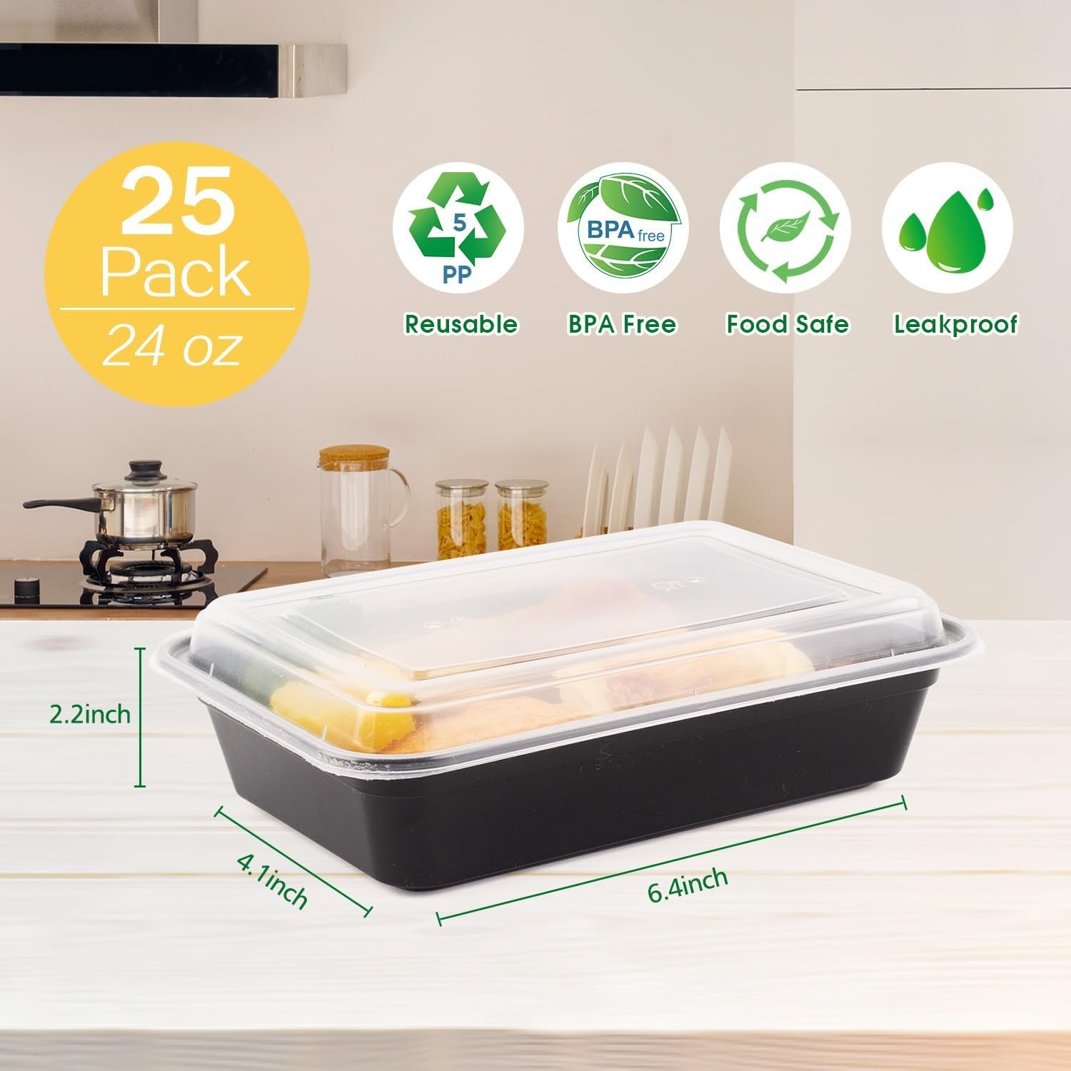 Azure Zone, 24 oz, 25-Pack Rectangular Meal Prep Food Container with Lid - One Compartment Bento Box Stackable Freezer/Microwave/Dishwasher Safe Reusable Storage Portable BPA Free - Image 3