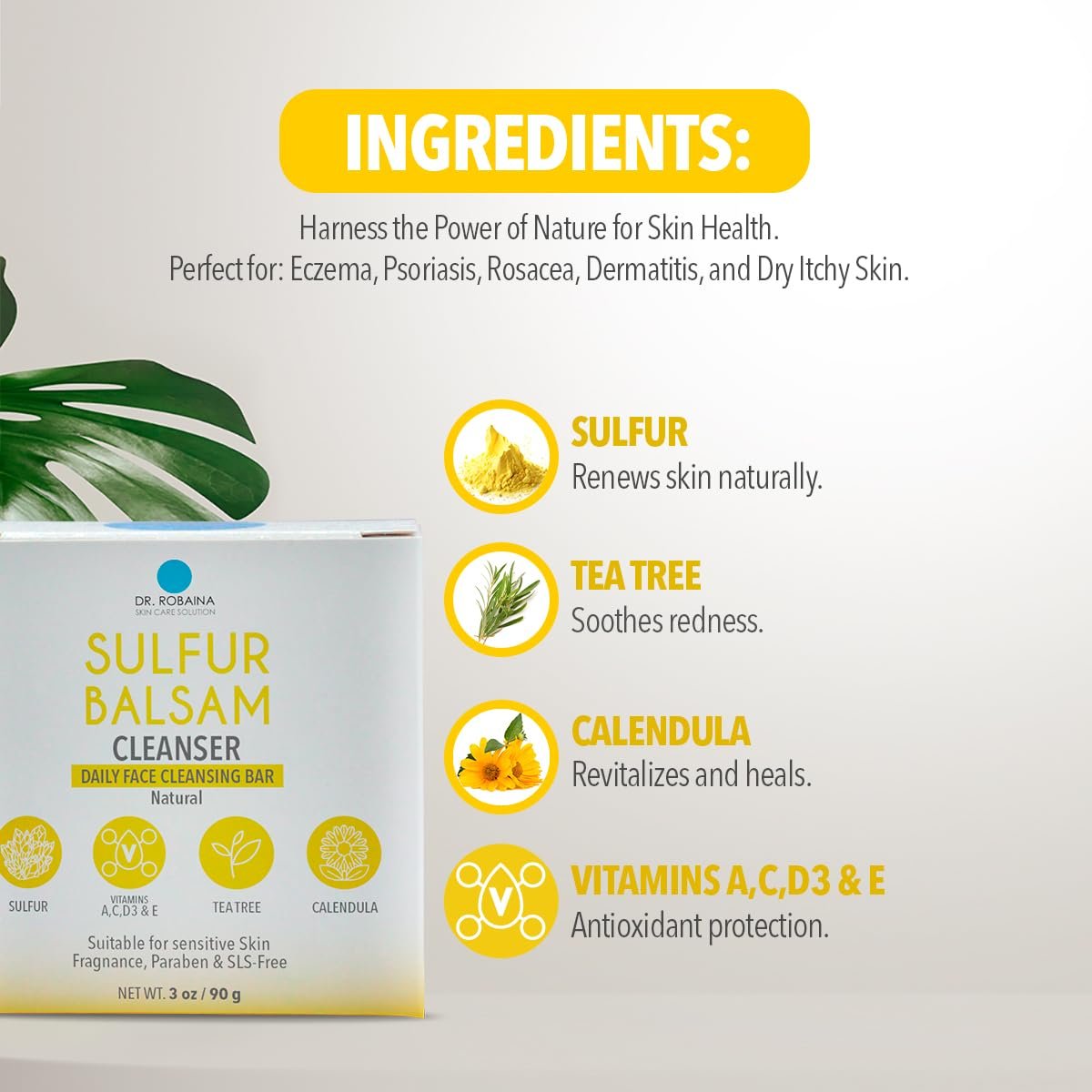 Dr. Robaina Sulfur Balsam Cleansing Bar – Daily Soap for Acne and Eczema Relief – Gentle on Sensitive Skin with Tea Tree and Calendula – Made in the USA (Pack of 1) - Image 8