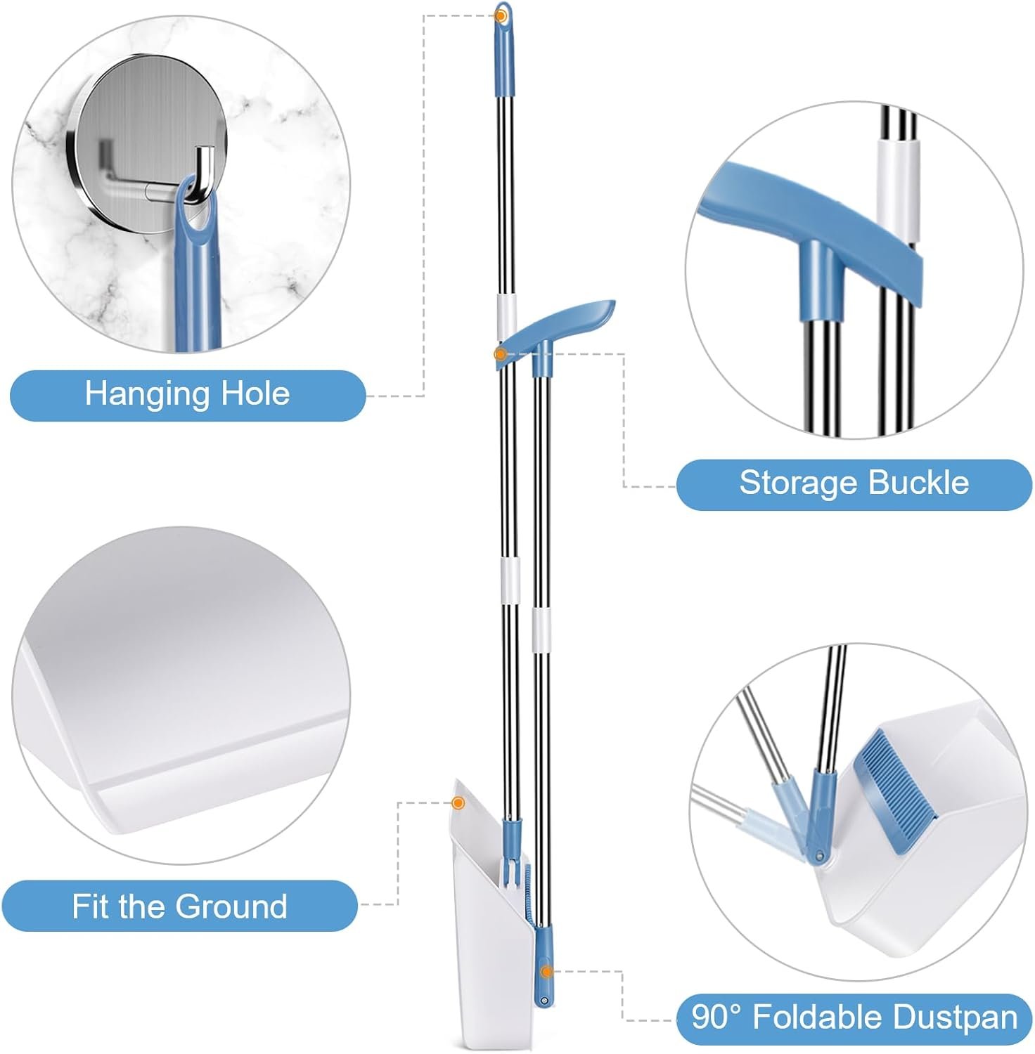 Broom and Dustpan Set,Masthome Long Handle Broom and Dustpan Set,Squeegee Broom and Brooms for Sweeping Indoor Set,Broom with Stand Up Dustpan Combo Set for Home, Office, Lobby (Blue+White) - Image 4