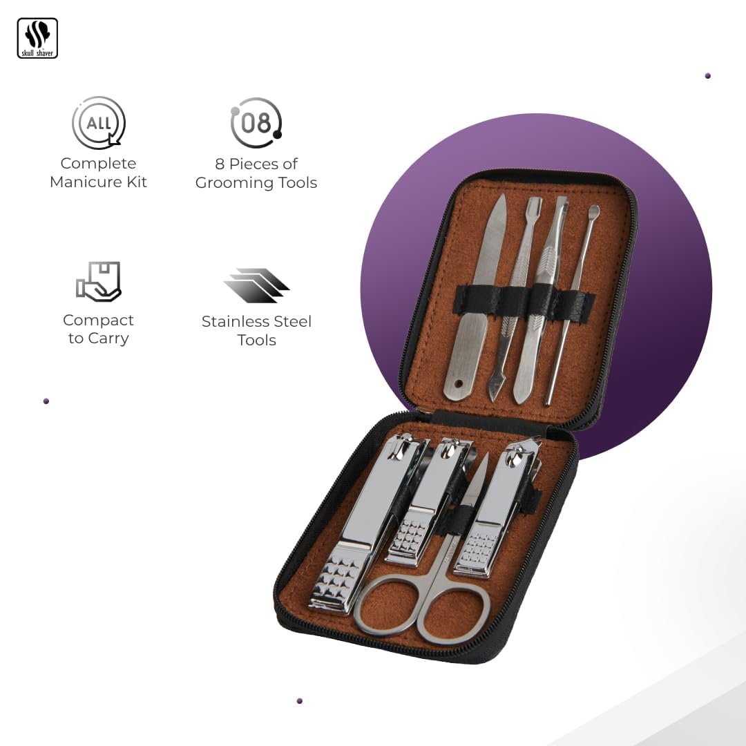 Skull Shaver 8-Piece Manicure Set for Men: Stainless Steel Nail Kit & Grooming Tools - Image 3