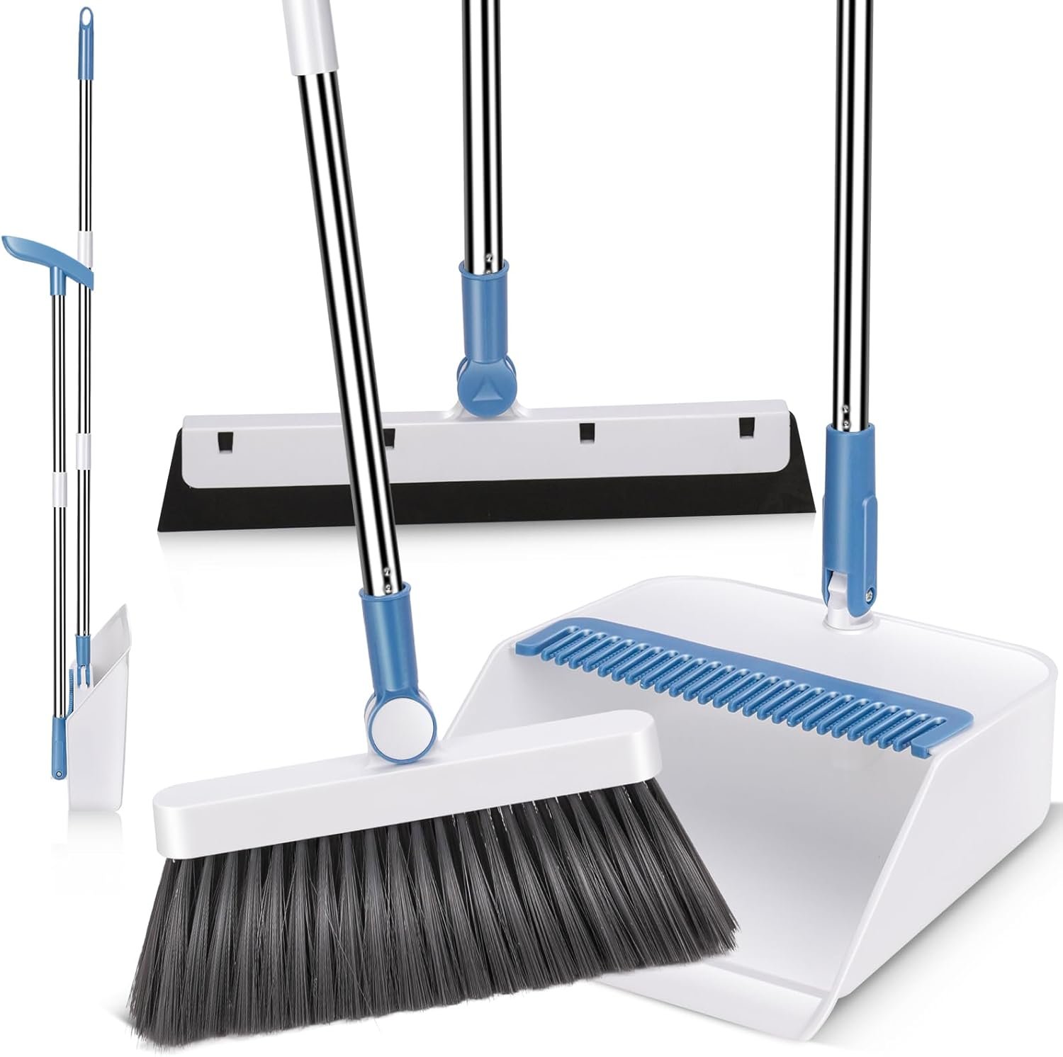 Broom and Dustpan Set,Masthome Long Handle Broom and Dustpan Set,Squeegee Broom and Brooms for Sweeping Indoor Set,Broom with Stand Up Dustpan Combo Set for Home, Office, Lobby (Blue+White) - Image 2