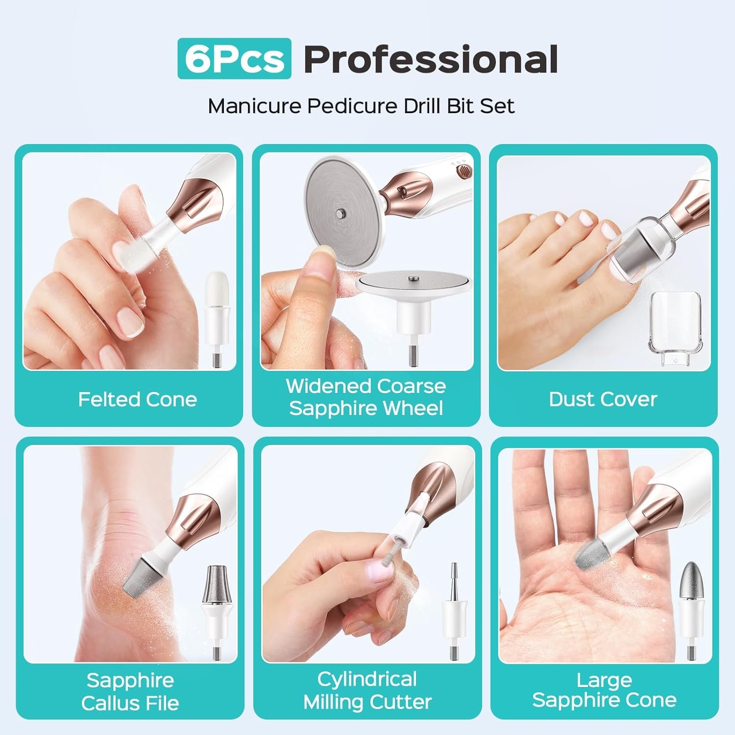 COSLUS Professional Manicure Pedicure Kit, 5-in-1 Electric Nail File for Toenail Hand Feet Care - Wider Grinder for Thick Nails, Cordless, 5 Speed, for Men Women Seniors Home Salon, White, C43(END10) - Image 8