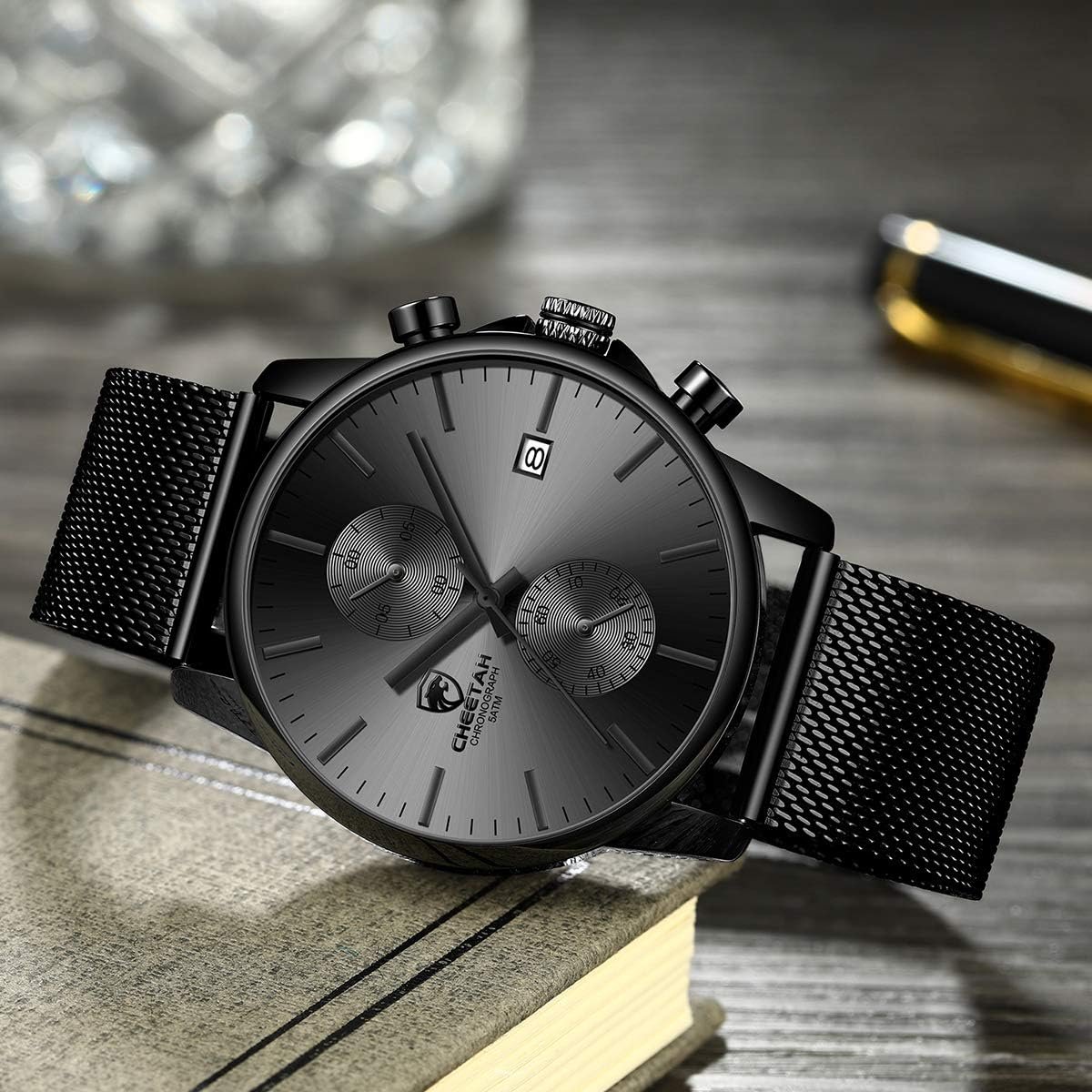 GOLDEN HOUR Mens Watch Fashion Sleek Minimalist Quartz Analog Mesh Stainless Steel Waterproof Chronograph Watches for Men with Auto Date - Image 5
