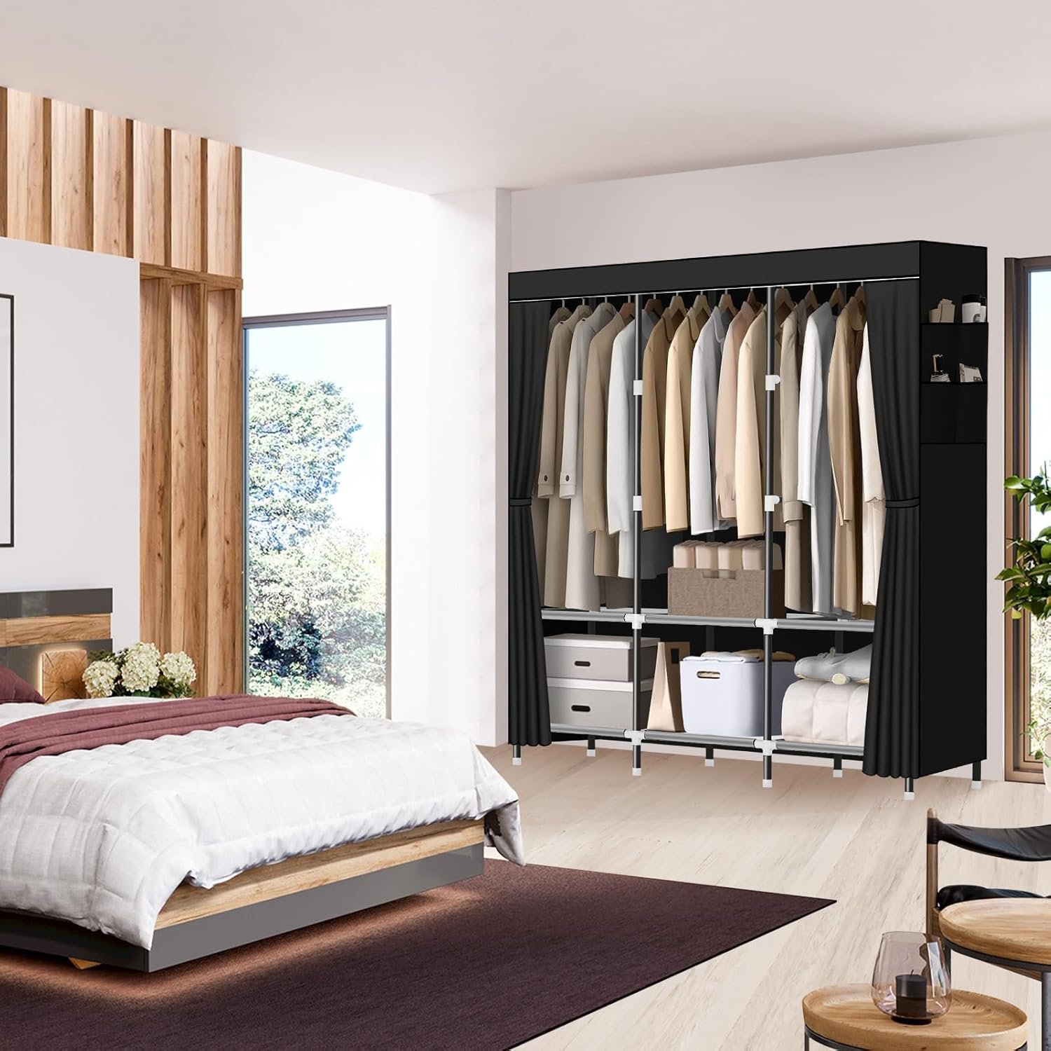 LOKEME Wardrobe Closet,Portable Closet for Bedroom Steel Pipe Diameter 19mm Strong and Sturdy Black Portable Closets for Hanging Clothes with 3 Hanging rods, 6 Storage Shelves and Side Pockets - Image 9