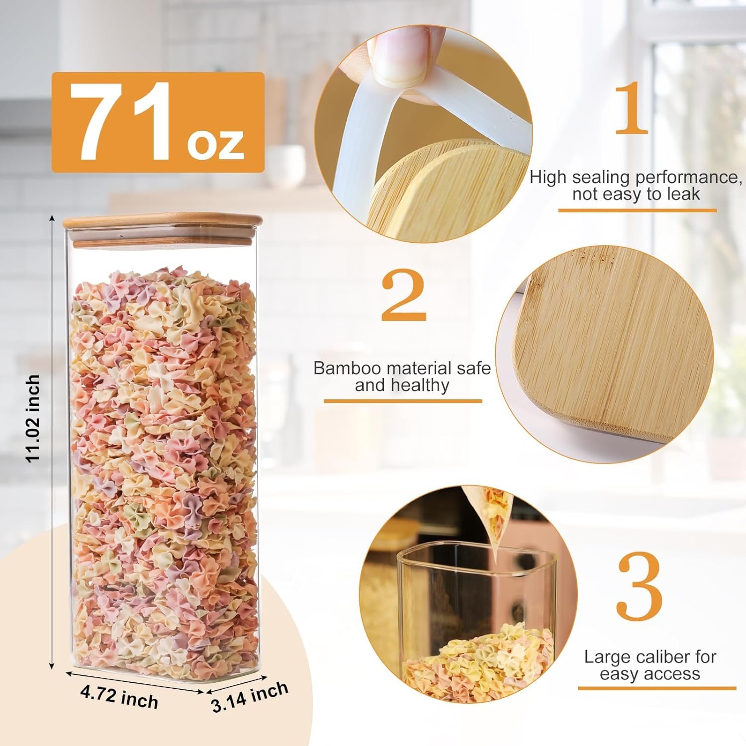 Glass Storage Containers with Airtight Lids, 71 oz Square Jars, Set of 3, for Pantry Organization, Coffee, Sugar, Cereal - Image 9