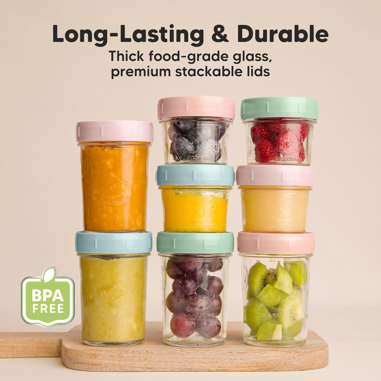 KeaBabies 4pk 8oz & 4pk 4oz Glass Baby Food Containers with Lids - Leak-Proof,Microwavable Small Glass Jars,Baby Purees & Toddler Snack Storage Containers,BPA-Free,Dishwasher & Freezer Safe(Musk Dusk) - Image 5