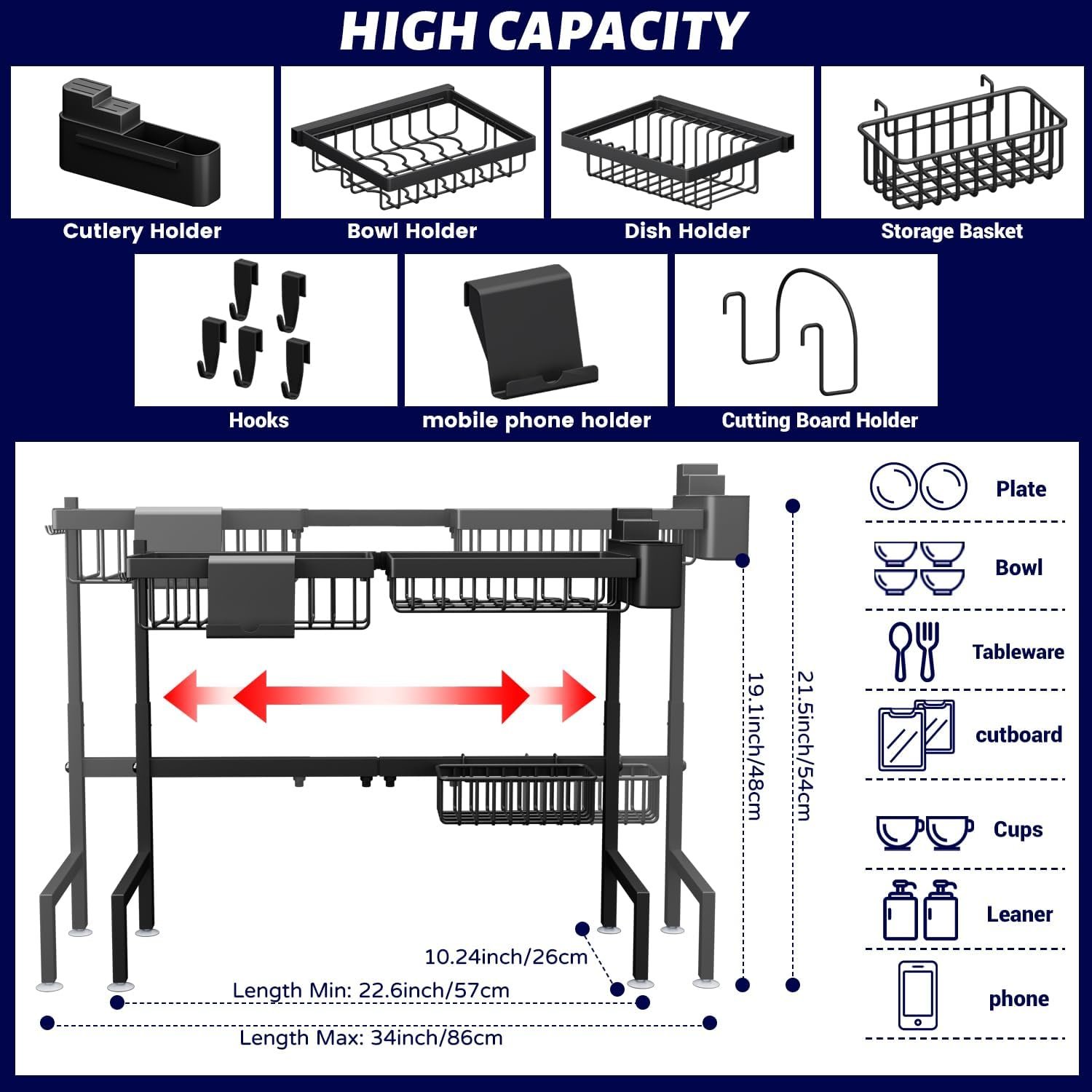 ADBIU Over The Sink Dish Drying Rack (Expandable Height and Length) Snap-On Design 2 Tier Large Dish Rack - Image 5