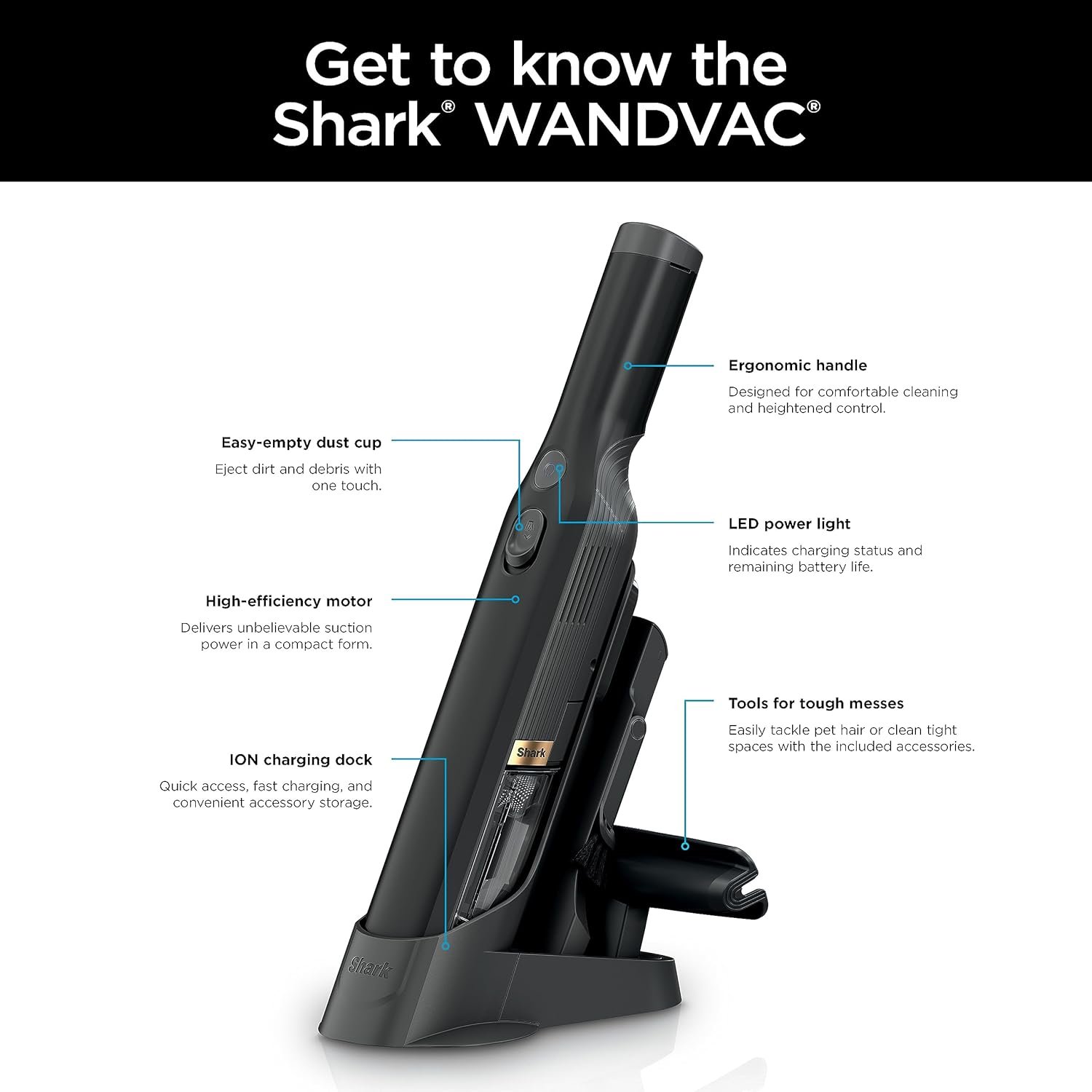 Shark WV201BK WANDVAC Cordless Hand Vac, Lightweight & Portable at 1.4 lbs. with Powerful Suction, Charging Dock, One-Touch Empty for Car & Home,Mattress,Duster Crevice Tool Included,Black(Pack of 1) - Image 14